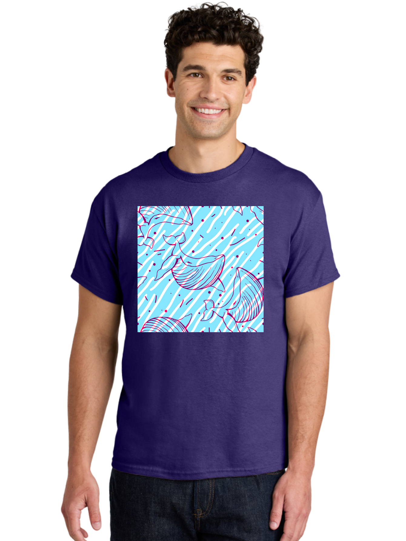 Whales-Pattern Men'S Graphic Tee, 100% Cotton, Comfortable Casual Summer Wear, Machine Washable, Whales, Abstract Pattern, Ocean Animals, Marine Life, Whimsical Design, Wavy Lines, Pink And Blue Hues, Dynamic Graphics, Playful Artwork, Aac429 30
