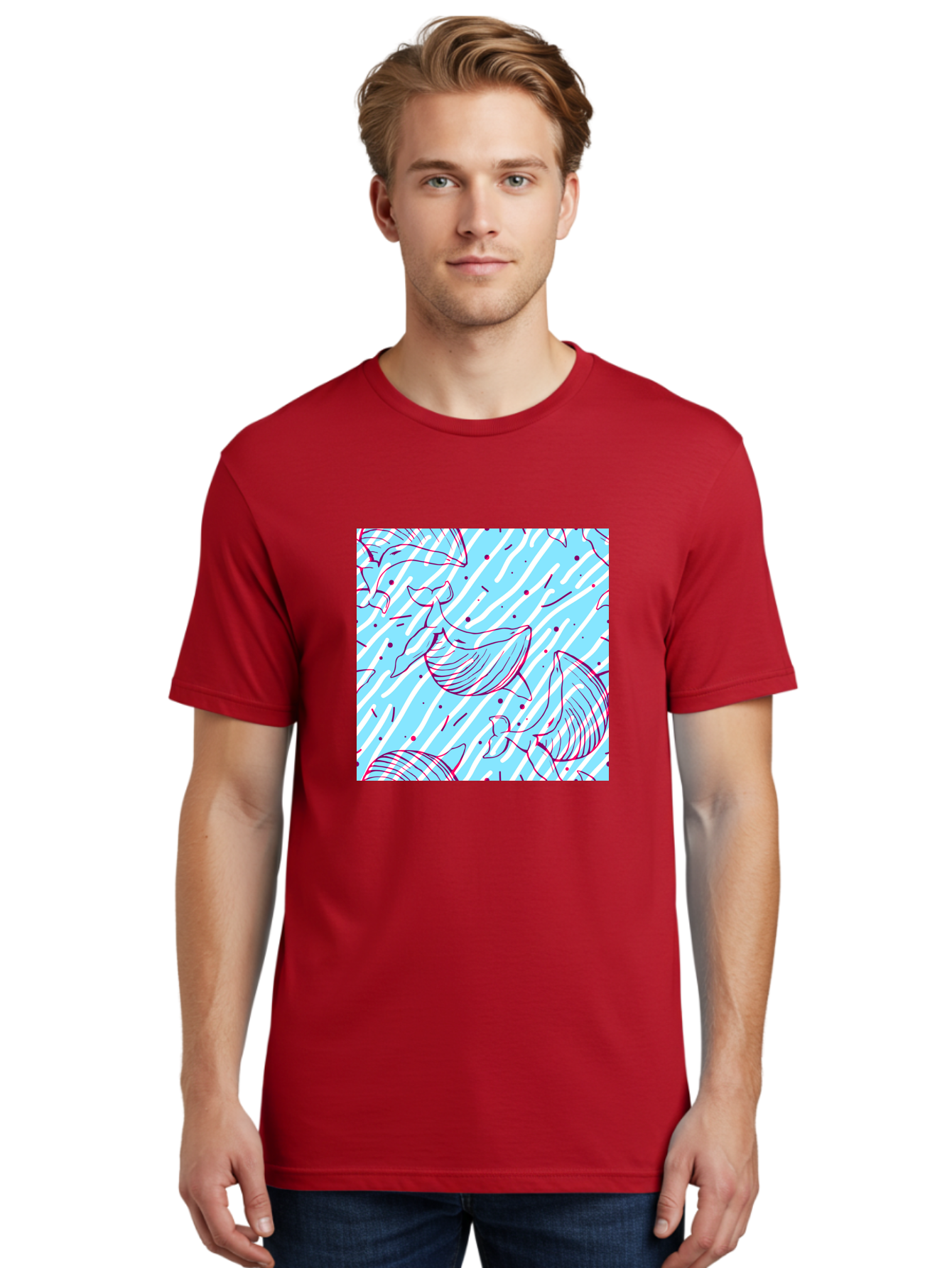 Whales-Pattern Men'S Graphic Tee, 100% Cotton, Comfortable Casual Summer Wear, Machine Washable, Whales, Abstract Pattern, Ocean Animals, Marine Life, Whimsical Design, Wavy Lines, Pink And Blue Hues, Dynamic Graphics, Playful Artwork, Aac429 22