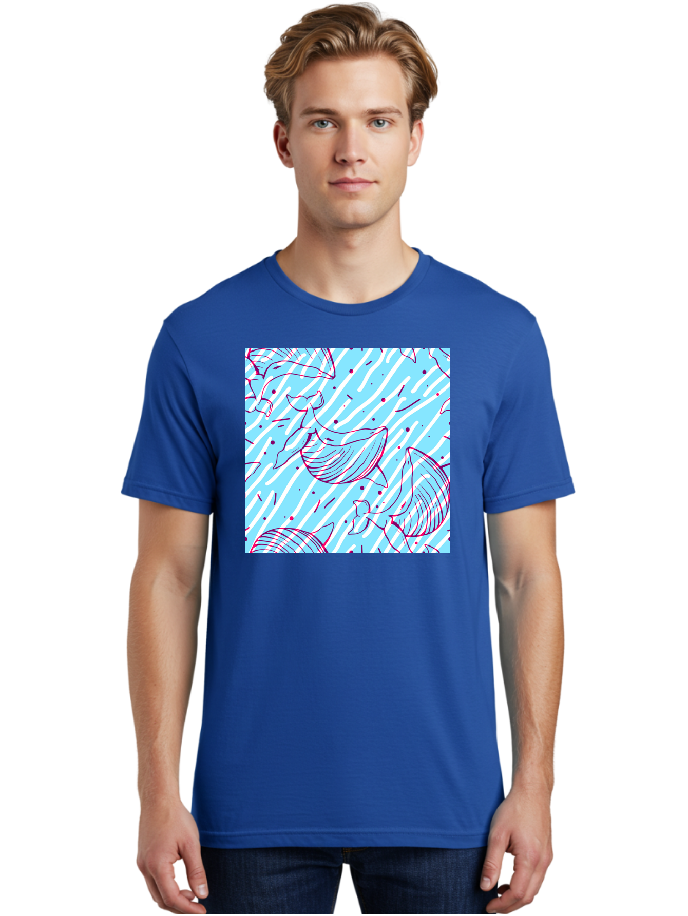 Whales-Pattern Men'S Graphic Tee, 100% Cotton, Comfortable Casual Summer Wear, Machine Washable, Whales, Abstract Pattern, Ocean Animals, Marine Life, Whimsical Design, Wavy Lines, Pink And Blue Hues, Dynamic Graphics, Playful Artwork, Aac429 24