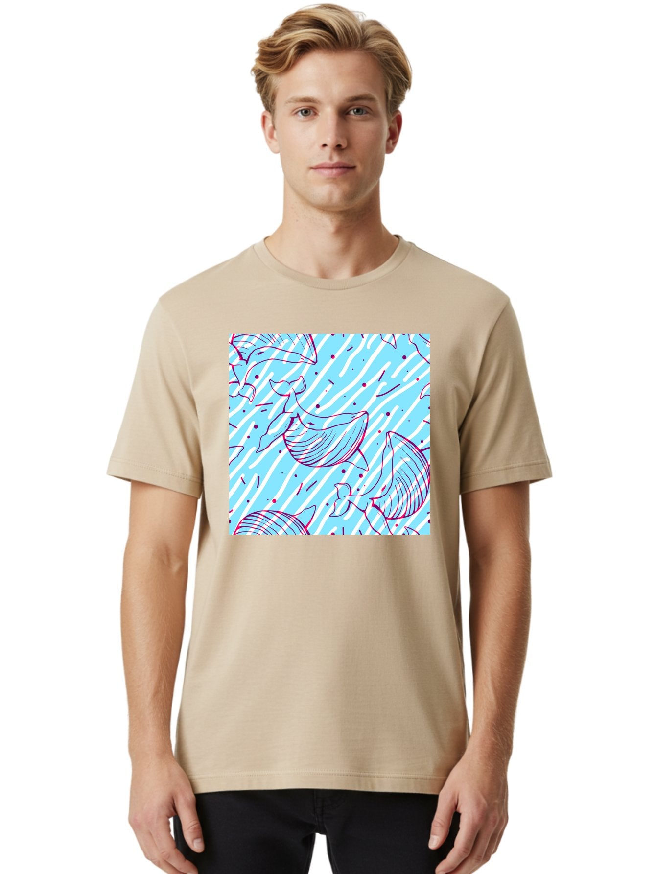 Whales-Pattern Men'S Graphic Tee, 100% Cotton, Comfortable Casual Summer Wear, Machine Washable, Whales, Abstract Pattern, Ocean Animals, Marine Life, Whimsical Design, Wavy Lines, Pink And Blue Hues, Dynamic Graphics, Playful Artwork, Aac429 17