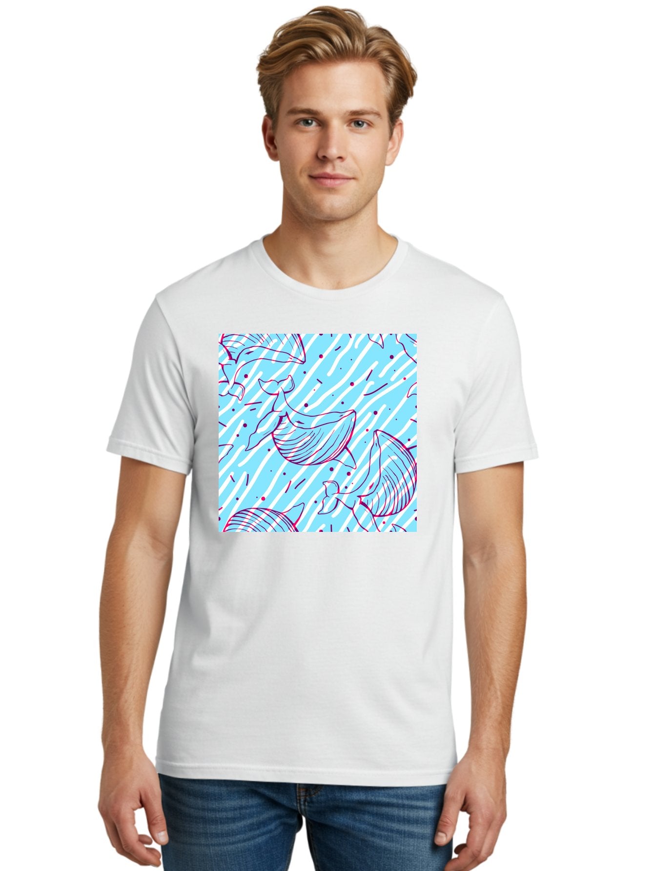 Whales-Pattern Men'S Graphic Tee, 100% Cotton, Comfortable Casual Summer Wear, Machine Washable, Whales, Abstract Pattern, Ocean Animals, Marine Life, Whimsical Design, Wavy Lines, Pink And Blue Hues, Dynamic Graphics, Playful Artwork, Aac429 23