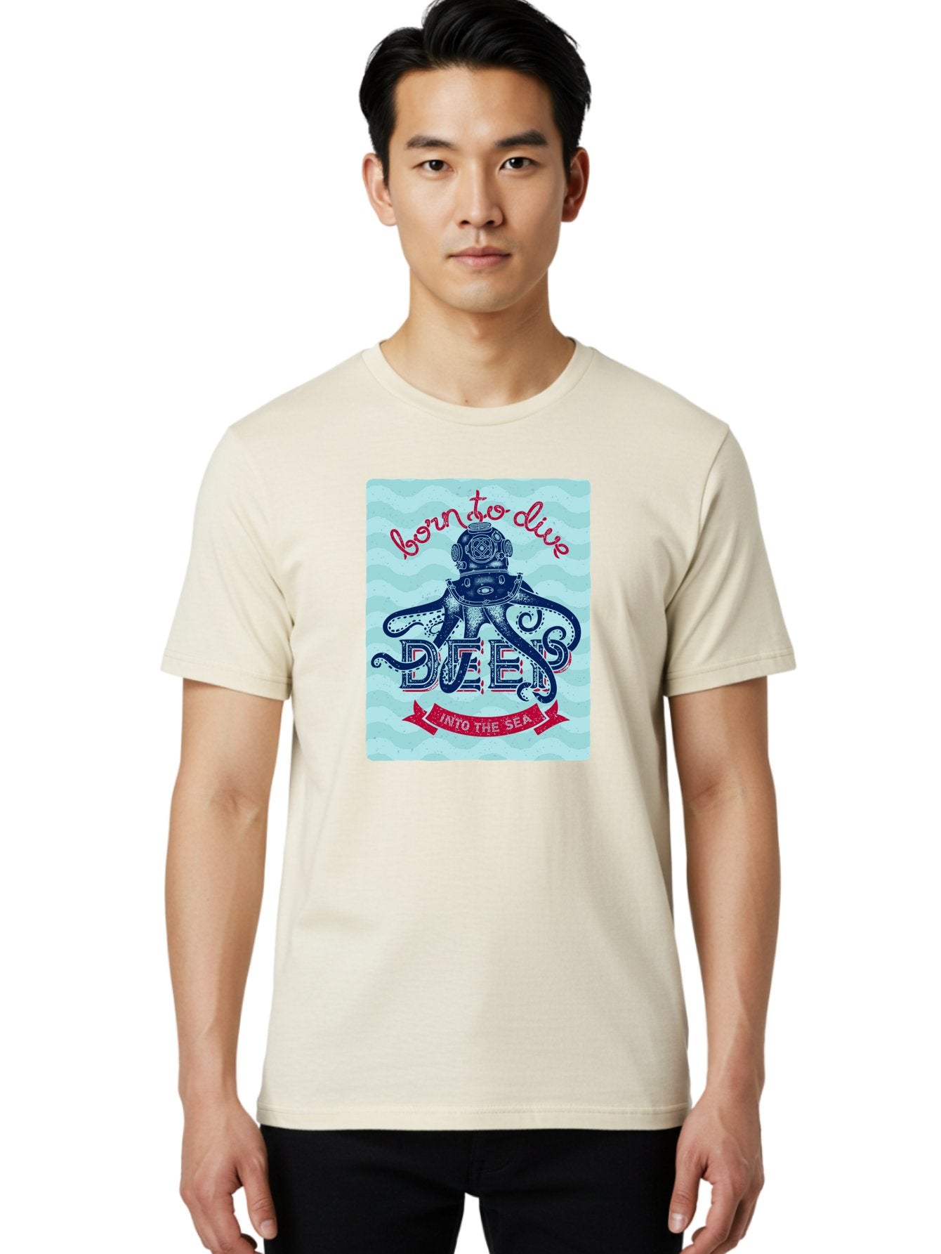 Born-To-Dive-1 Men'S Graphic Tee, 100% Cotton, Comfortable Casual Summer Wear, Machine Washable, Scuba Diving, Underwater Adventure, Diving Enthusiast, Octopus With Scuba Gear, Deep Sea Exploration, Ocean Lover, Vintage Style, Sea Creatures, Aac430 21