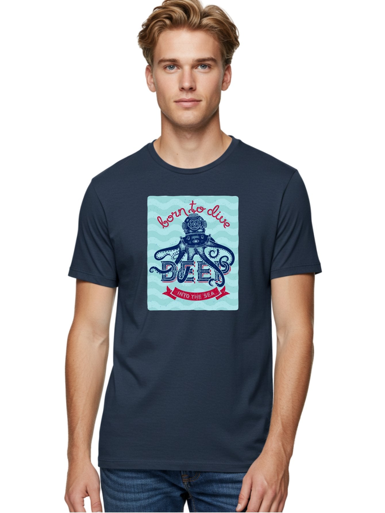Born-To-Dive-1 Men'S Graphic Tee, 100% Cotton, Comfortable Casual Summer Wear, Machine Washable, Scuba Diving, Underwater Adventure, Diving Enthusiast, Octopus With Scuba Gear, Deep Sea Exploration, Ocean Lover, Vintage Style, Sea Creatures, Aac430 19