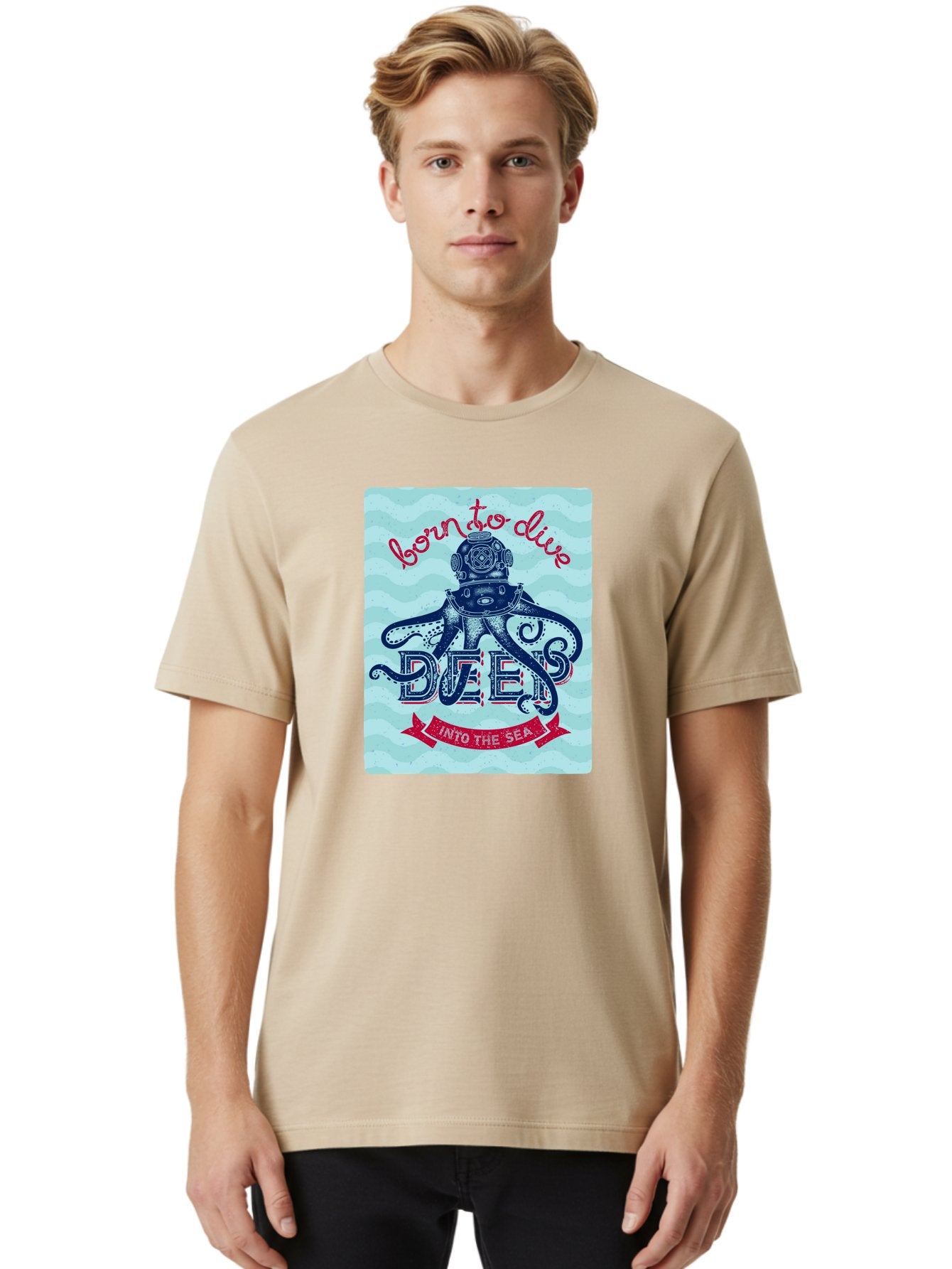 Born-To-Dive-1 Men'S Graphic Tee, 100% Cotton, Comfortable Casual Summer Wear, Machine Washable, Scuba Diving, Underwater Adventure, Diving Enthusiast, Octopus With Scuba Gear, Deep Sea Exploration, Ocean Lover, Vintage Style, Sea Creatures, Aac430 23