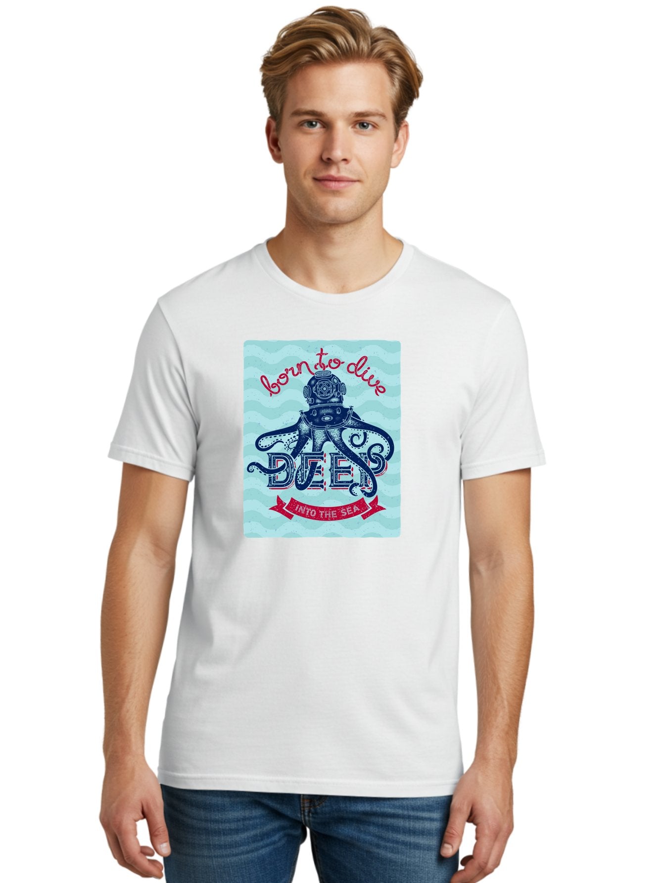 Born-To-Dive-1 Men'S Graphic Tee, 100% Cotton, Comfortable Casual Summer Wear, Machine Washable, Scuba Diving, Underwater Adventure, Diving Enthusiast, Octopus With Scuba Gear, Deep Sea Exploration, Ocean Lover, Vintage Style, Sea Creatures, Aac430 29