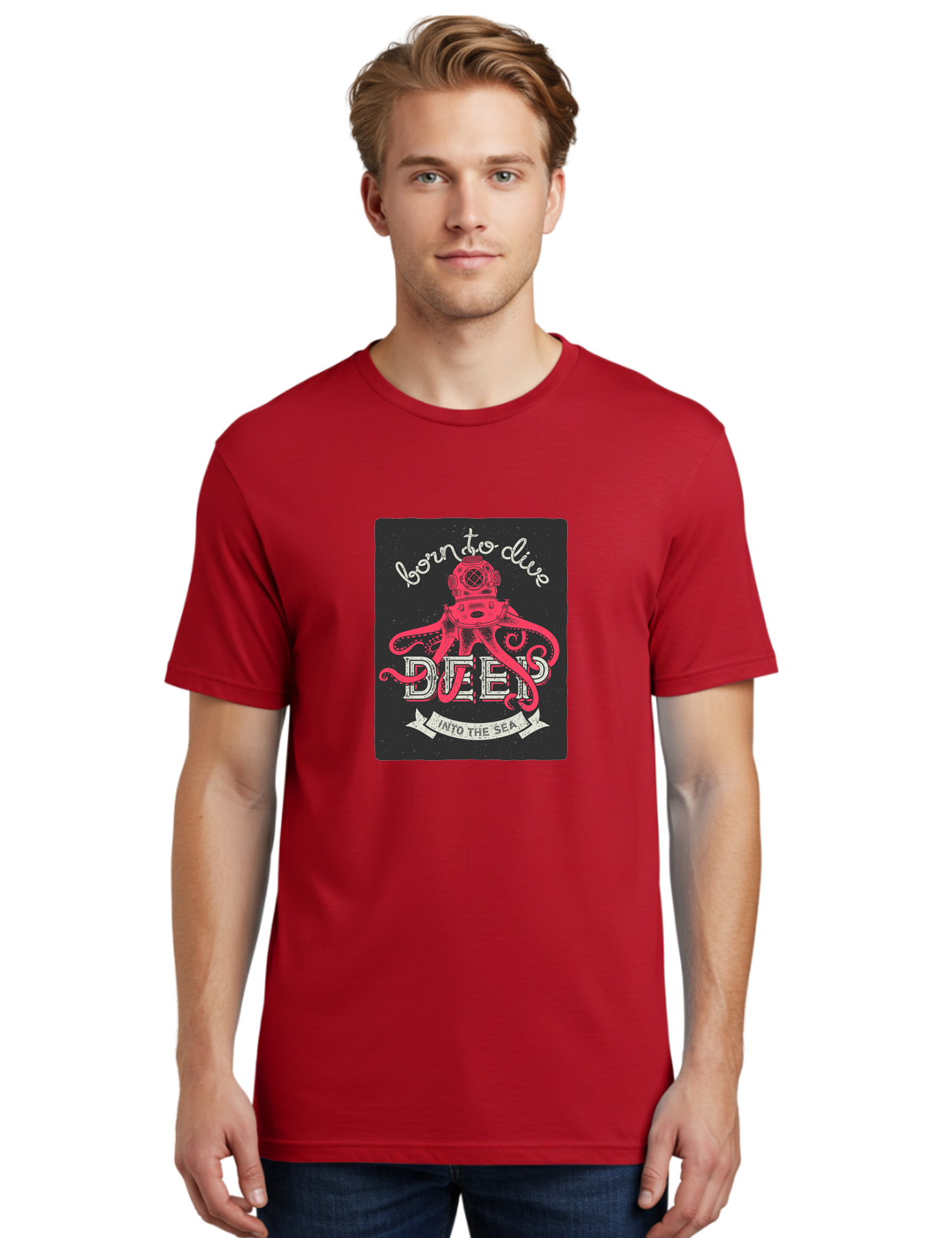 Born-To-Dive-2 Men'S Graphic Tee, 100% Cotton, Comfortable Casual Summer Wear, Machine Washable, Scuba Diver, Octopus, Underwater Adventure, Deep Sea, Diving Passion, Ocean Exploration, Sea Creatures, Nautical Art, Vintage Design Aac431 30