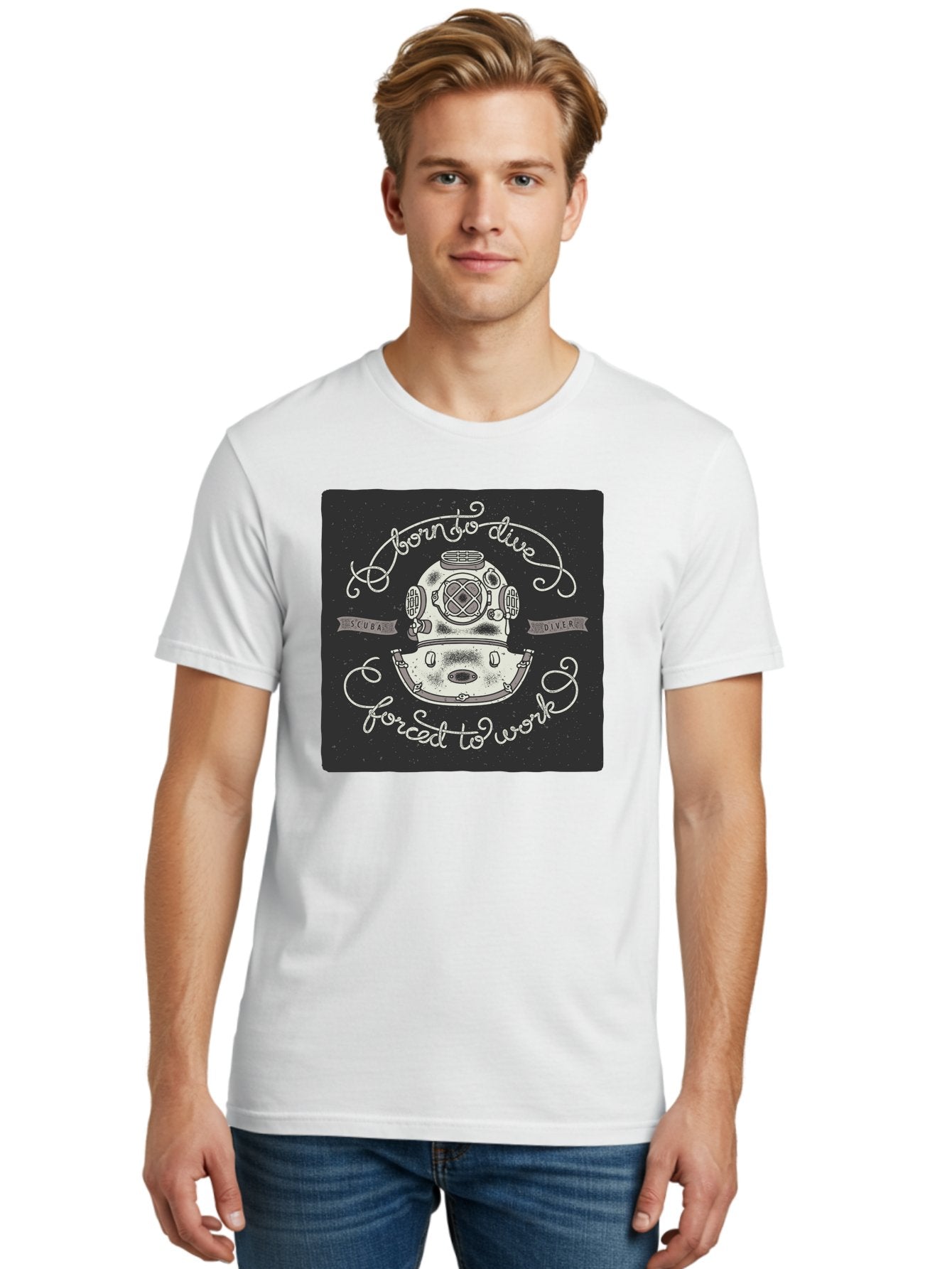 Born-To-Dive-3 Men'S Graphic Tee, 100% Cotton, Comfortable Casual Summer Wear, Machine Washable, Scuba Diver, Diving Helmet, Underwater Exploration, Ocean Adventure, Vintage Diving Gear, Motivational Quote, Typography Art, Nautical Theme, Aac432 30