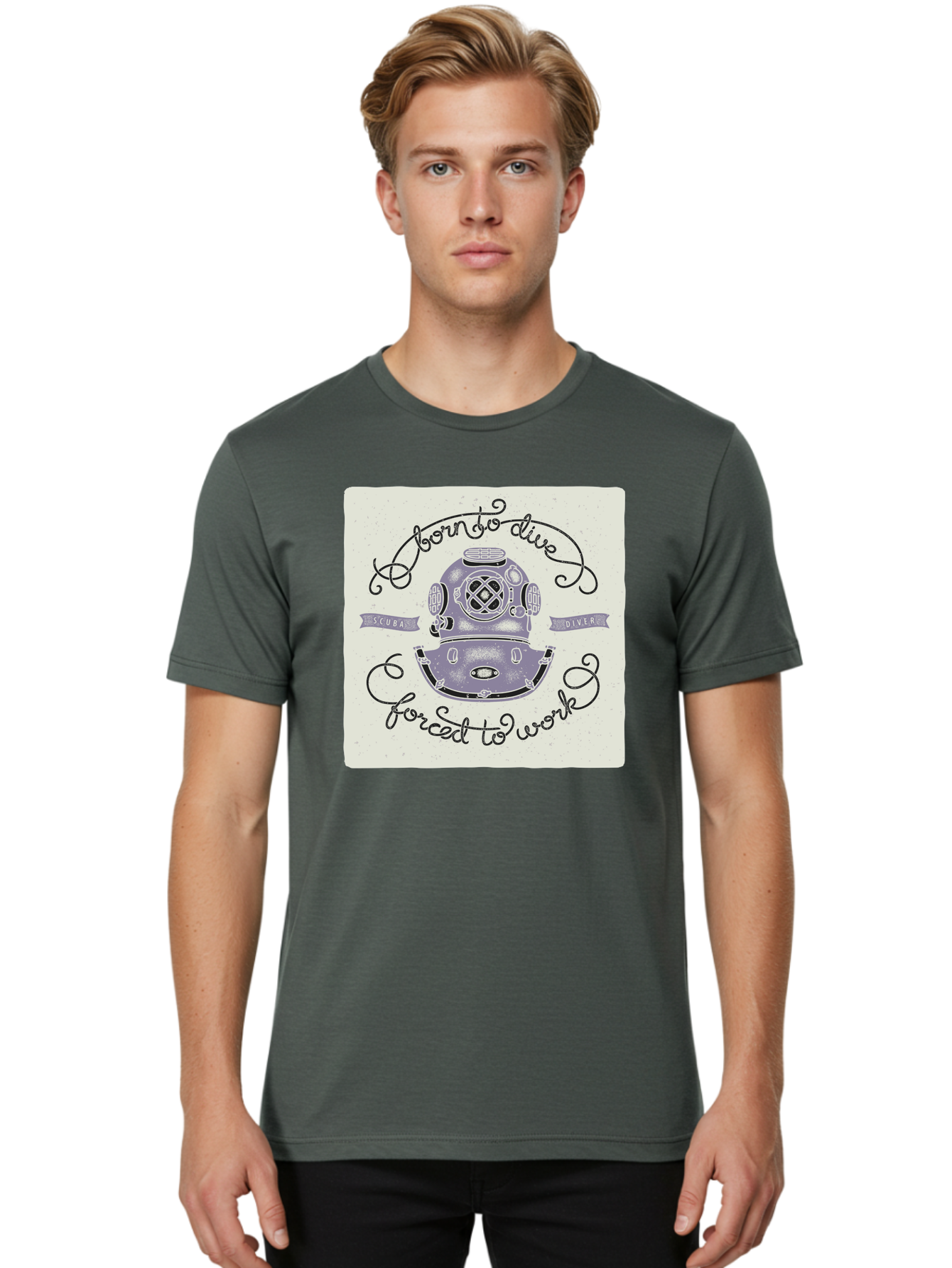 Born-To-Dive Men'S Graphic Tee, 100% Cotton, Comfortable Casual Summer Wear, Machine Washable, Scuba Diver, Diving Helmet, Underwater Adventure, Ocean Exploration, Vintage Diving Gear, Scuba Diving, Diver'S Life, Born To Dive, Forced To Work, Aac433 30
