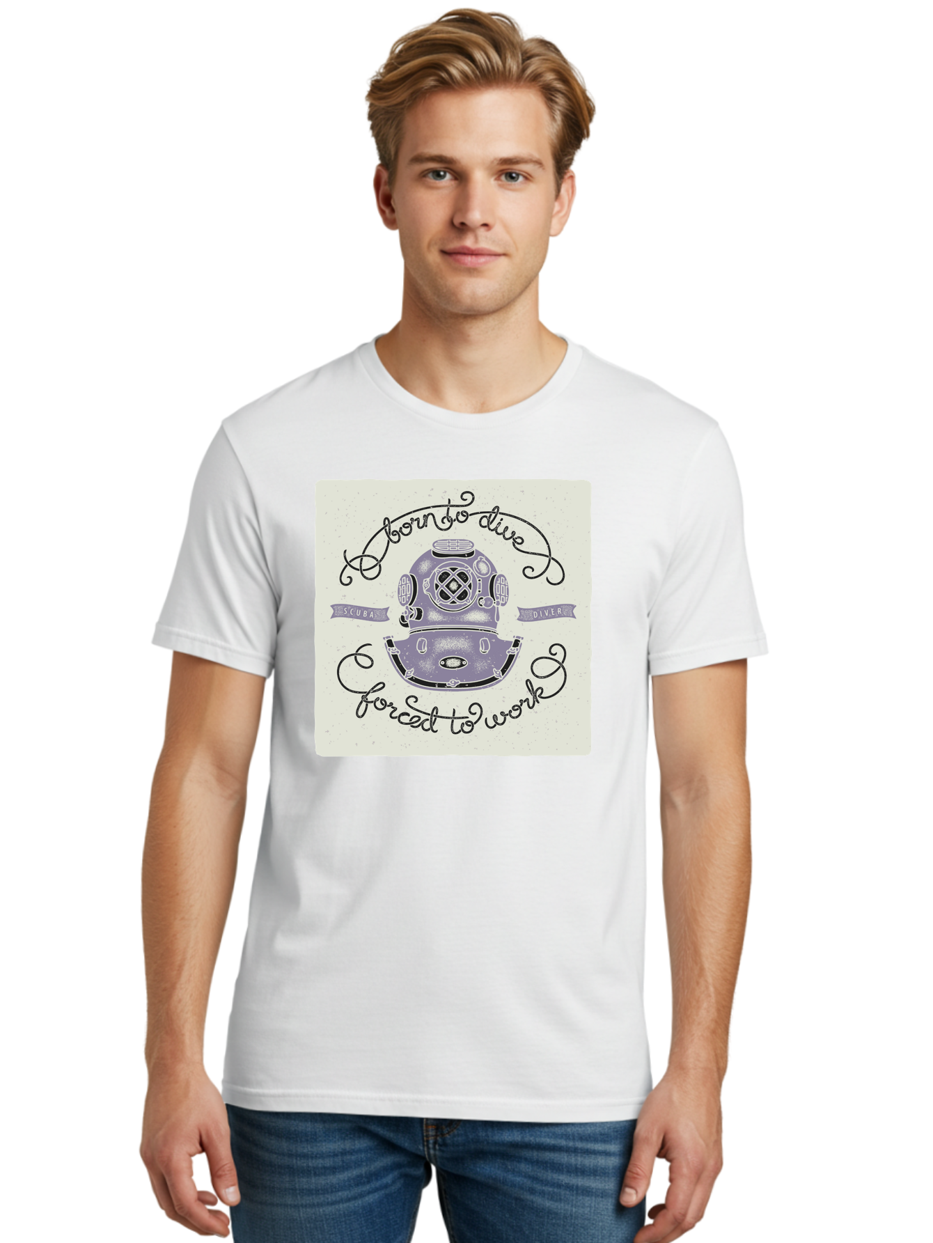 Born-To-Dive Men'S Graphic Tee, 100% Cotton, Comfortable Casual Summer Wear, Machine Washable, Scuba Diver, Diving Helmet, Underwater Adventure, Ocean Exploration, Vintage Diving Gear, Scuba Diving, Diver'S Life, Born To Dive, Forced To Work, Aac433 26