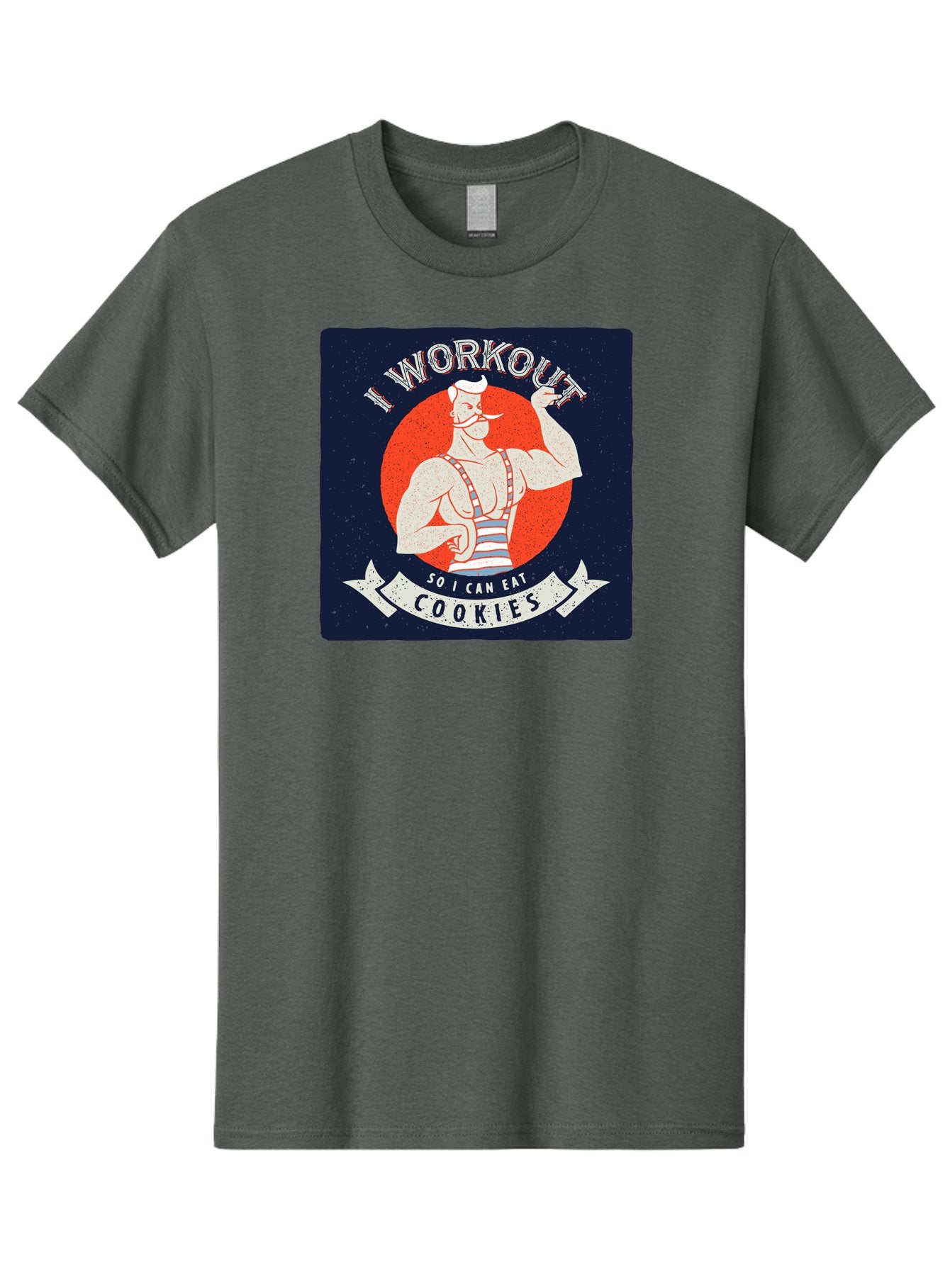 Cookie-Lover-Workout Men'S Graphic Tee, 100% Cotton, Comfortable Casual Summer Wear, Machine Washable, Funny Fitness Quote, Workout Humor, Cookie Lover, Vintage Style Illustration, Muscular Man, Handlebar Mustache, Retro Graphic Design, Aac434