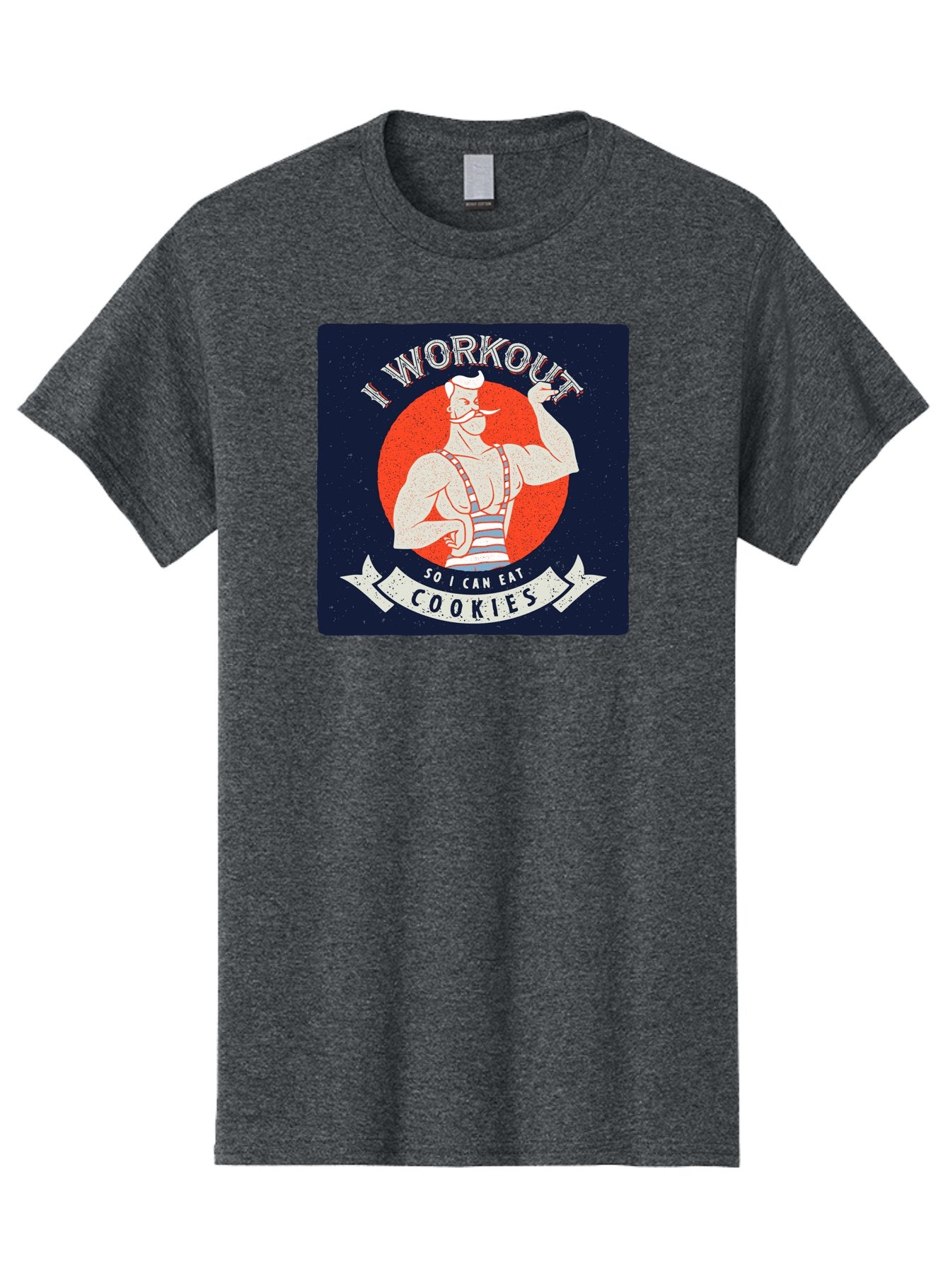 Cookie-Lover-Workout Men'S Graphic Tee, 100% Cotton, Comfortable Casual Summer Wear, Machine Washable, Funny Fitness Quote, Workout Humor, Cookie Lover, Vintage Style Illustration, Muscular Man, Handlebar Mustache, Retro Graphic Design, Aac434 6