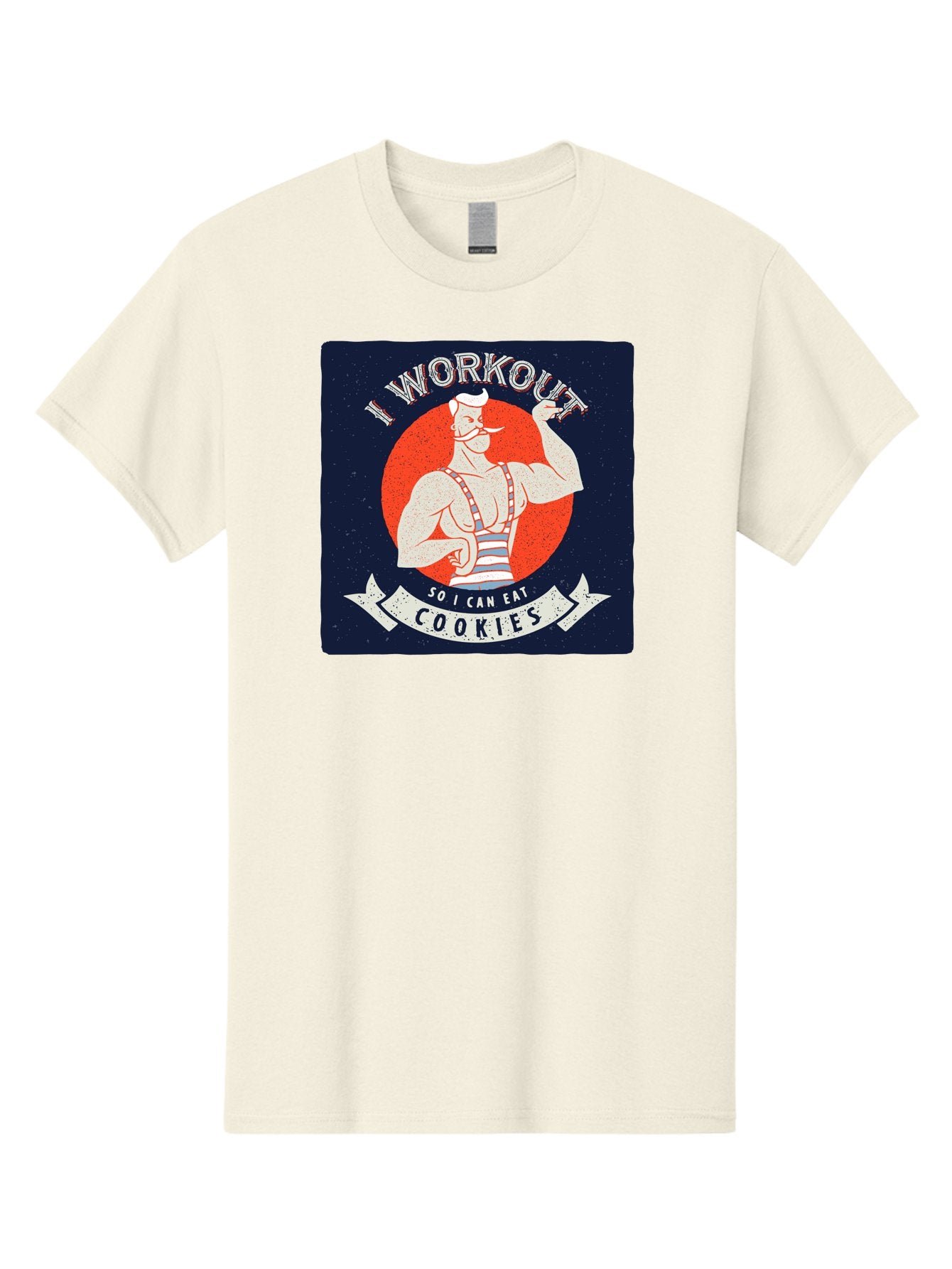 Cookie-Lover-Workout Men'S Graphic Tee, 100% Cotton, Comfortable Casual Summer Wear, Machine Washable, Funny Fitness Quote, Workout Humor, Cookie Lover, Vintage Style Illustration, Muscular Man, Handlebar Mustache, Retro Graphic Design, Aac434 14