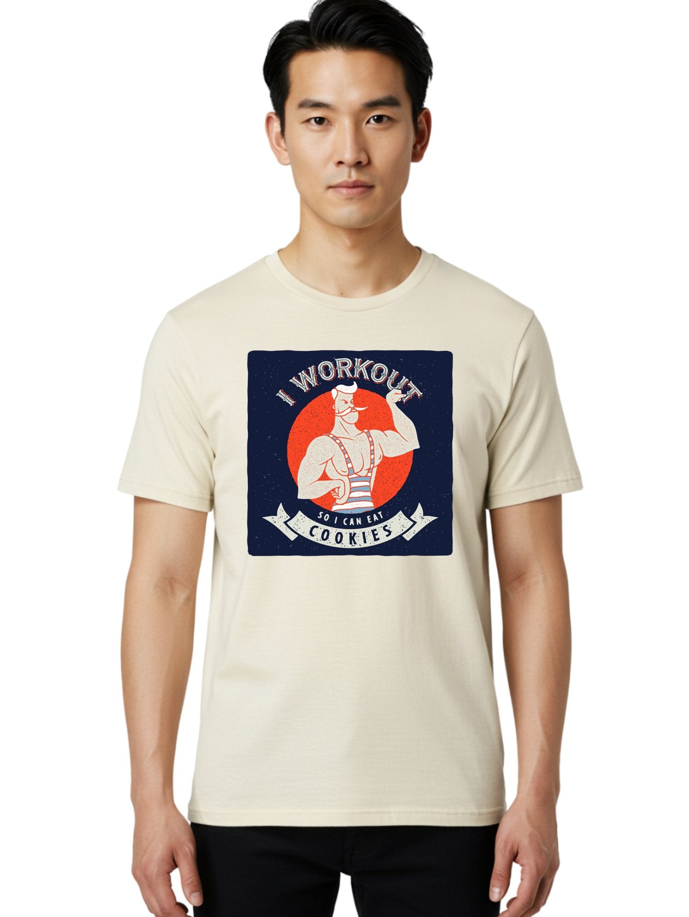 Cookie-Lover-Workout Men'S Graphic Tee, 100% Cotton, Comfortable Casual Summer Wear, Machine Washable, Funny Fitness Quote, Workout Humor, Cookie Lover, Vintage Style Illustration, Muscular Man, Handlebar Mustache, Retro Graphic Design, Aac434 29