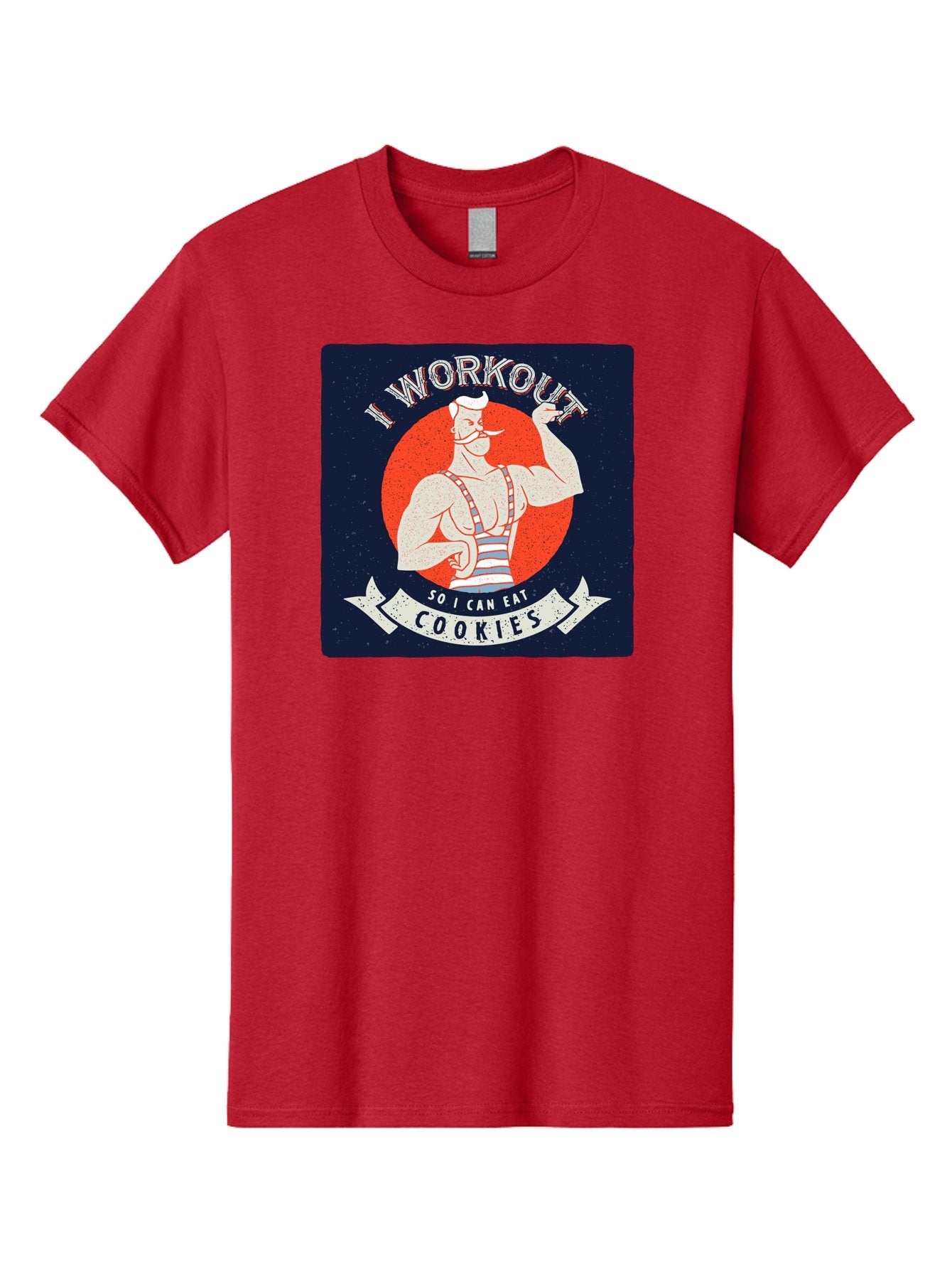 Cookie-Lover-Workout Men'S Graphic Tee, 100% Cotton, Comfortable Casual Summer Wear, Machine Washable, Funny Fitness Quote, Workout Humor, Cookie Lover, Vintage Style Illustration, Muscular Man, Handlebar Mustache, Retro Graphic Design, Aac434 8