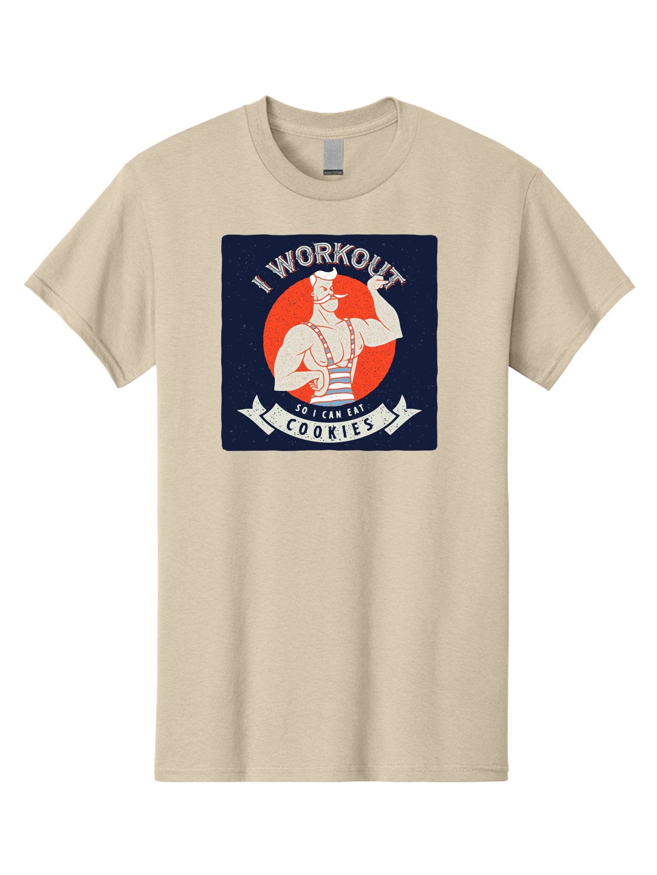 Cookie-Lover-Workout Men'S Graphic Tee, 100% Cotton, Comfortable Casual Summer Wear, Machine Washable, Funny Fitness Quote, Workout Humor, Cookie Lover, Vintage Style Illustration, Muscular Man, Handlebar Mustache, Retro Graphic Design, Aac434 12