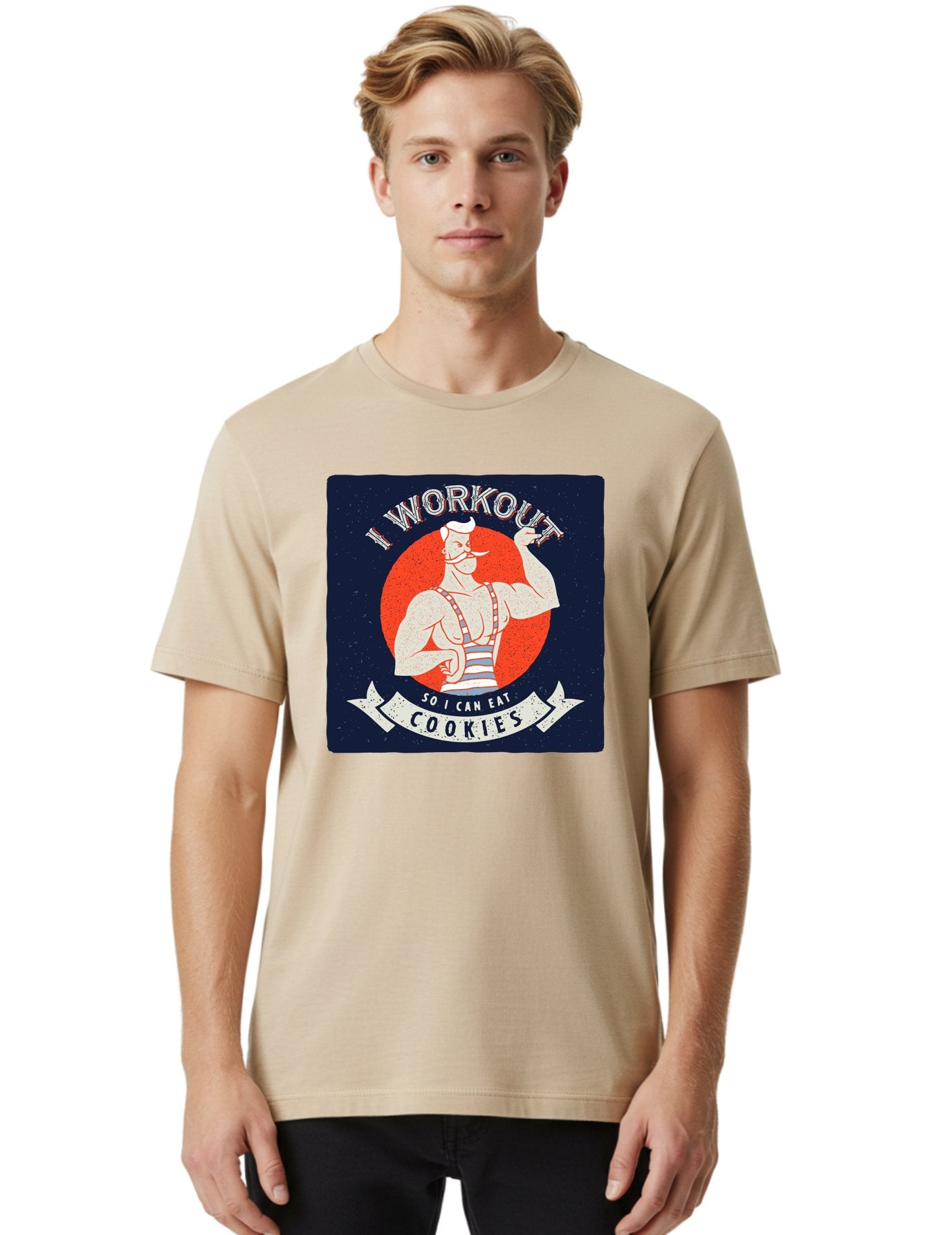 Cookie-Lover-Workout Men'S Graphic Tee, 100% Cotton, Comfortable Casual Summer Wear, Machine Washable, Funny Fitness Quote, Workout Humor, Cookie Lover, Vintage Style Illustration, Muscular Man, Handlebar Mustache, Retro Graphic Design, Aac434 28