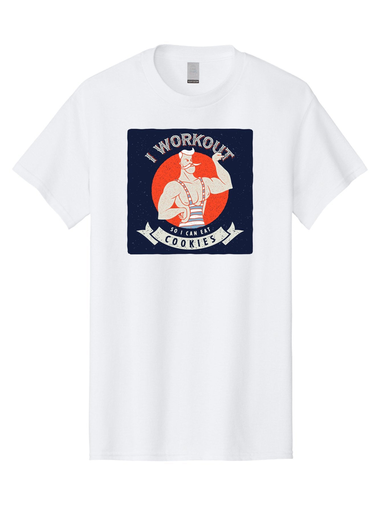 Cookie-Lover-Workout Men'S Graphic Tee, 100% Cotton, Comfortable Casual Summer Wear, Machine Washable, Funny Fitness Quote, Workout Humor, Cookie Lover, Vintage Style Illustration, Muscular Man, Handlebar Mustache, Retro Graphic Design, Aac434