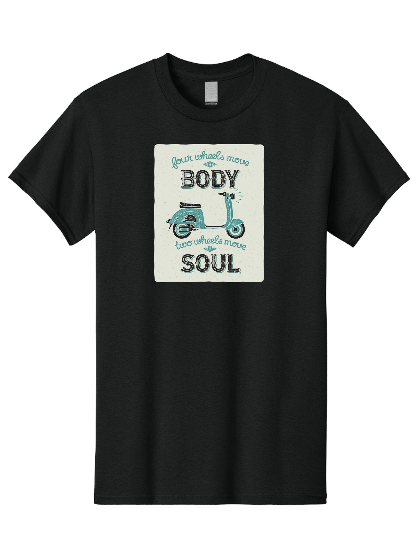 Four-Wheels-Move-The-Body-Two-Wheels-Move-The-Soul-1 Men'S Graphic Tee, 100% Cotton, Comfortable Casual Summer Wear, Machine Washable, Vintage Scooter, Retro Design, Quote About Soul, Bike Enthusiast, Motor Scooter, Scooter Lover, Aac435 6