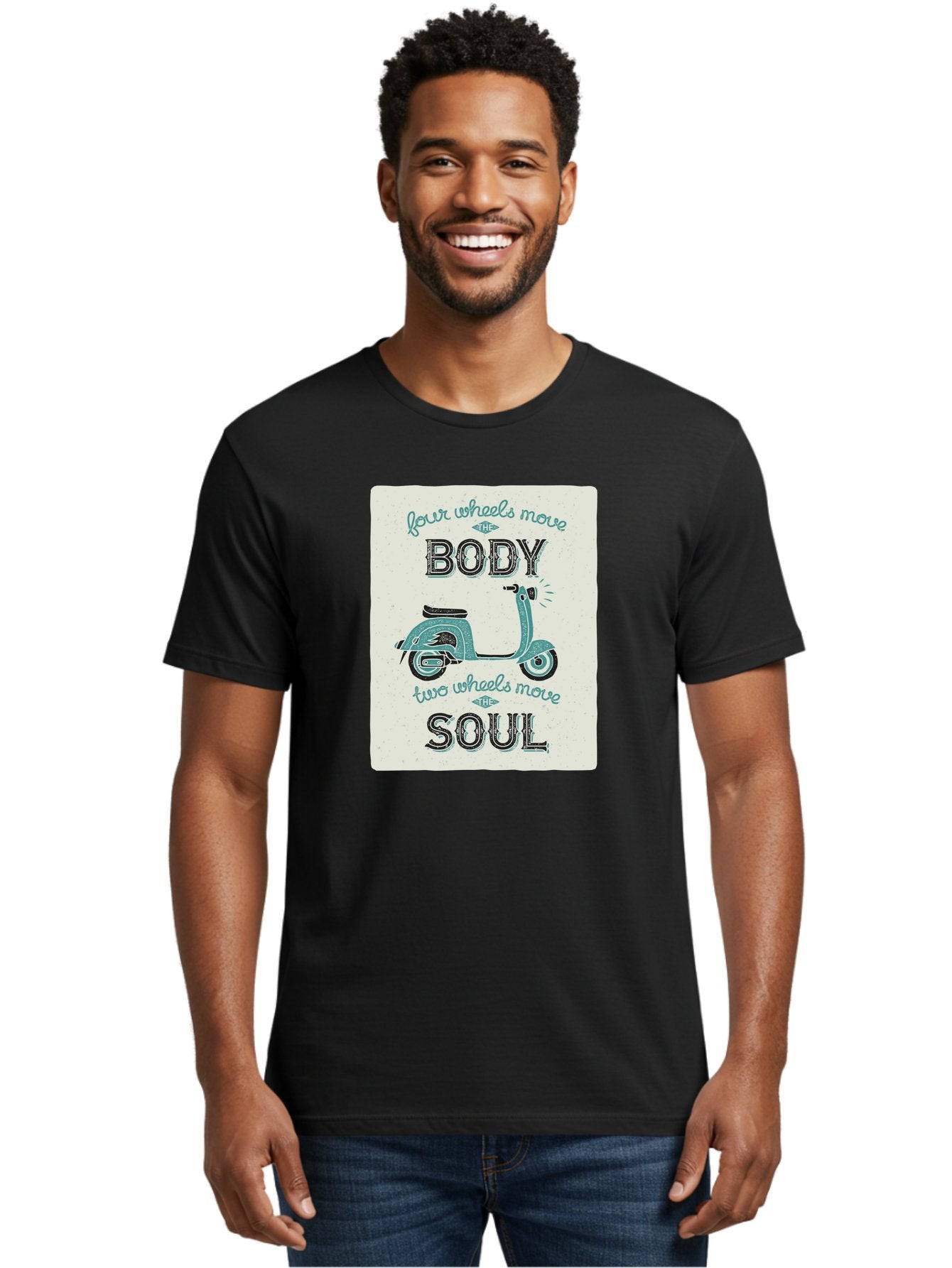 Four-Wheels-Move-The-Body-Two-Wheels-Move-The-Soul-1 Men'S Graphic Tee, 100% Cotton, Comfortable Casual Summer Wear, Machine Washable, Vintage Scooter, Retro Design, Quote About Soul, Bike Enthusiast, Motor Scooter, Scooter Lover, Aac435 24