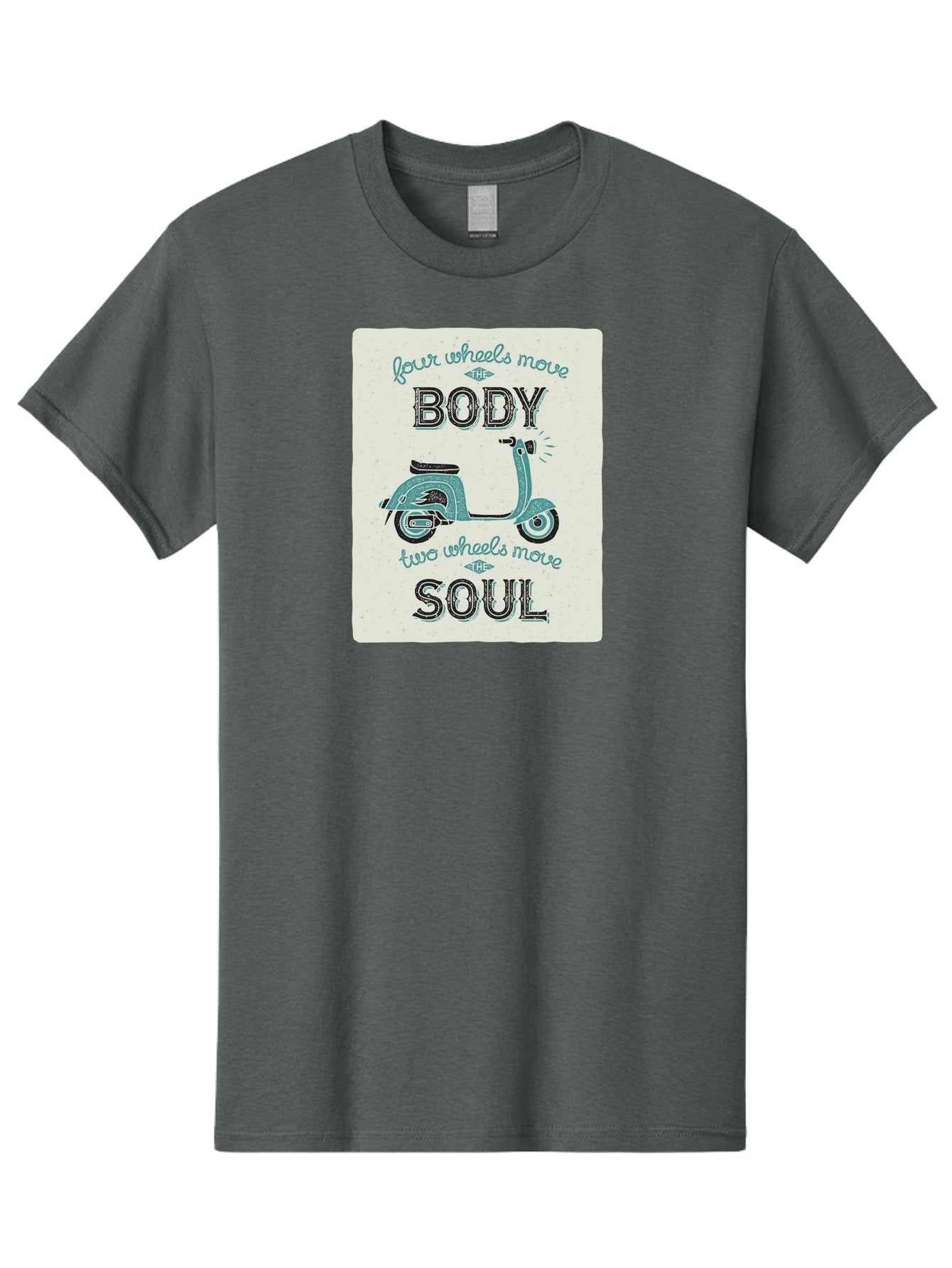 Four-Wheels-Move-The-Body-Two-Wheels-Move-The-Soul-1 Men'S Graphic Tee, 100% Cotton, Comfortable Casual Summer Wear, Machine Washable, Vintage Scooter, Retro Design, Quote About Soul, Bike Enthusiast, Motor Scooter, Scooter Lover, Aac435 7