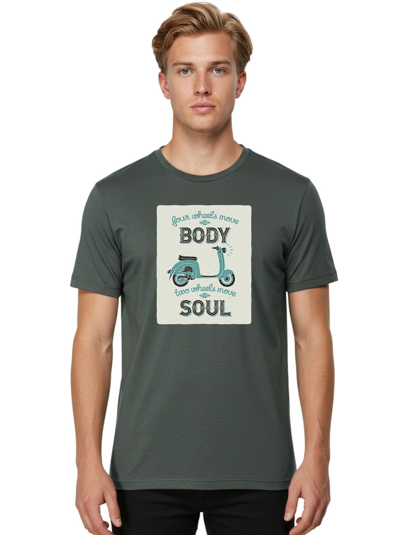 Four-Wheels-Move-The-Body-Two-Wheels-Move-The-Soul-1 Men'S Graphic Tee, 100% Cotton, Comfortable Casual Summer Wear, Machine Washable, Vintage Scooter, Retro Design, Quote About Soul, Bike Enthusiast, Motor Scooter, Scooter Lover, Aac435 16