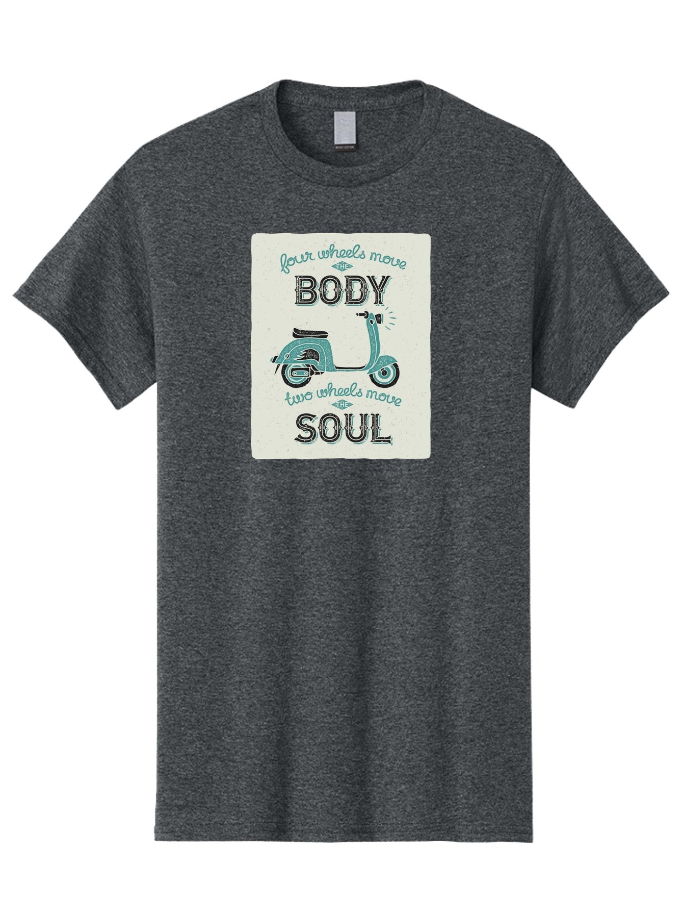 Four-Wheels-Move-The-Body-Two-Wheels-Move-The-Soul-1 Men'S Graphic Tee, 100% Cotton, Comfortable Casual Summer Wear, Machine Washable, Vintage Scooter, Retro Design, Quote About Soul, Bike Enthusiast, Motor Scooter, Scooter Lover, Aac435 3