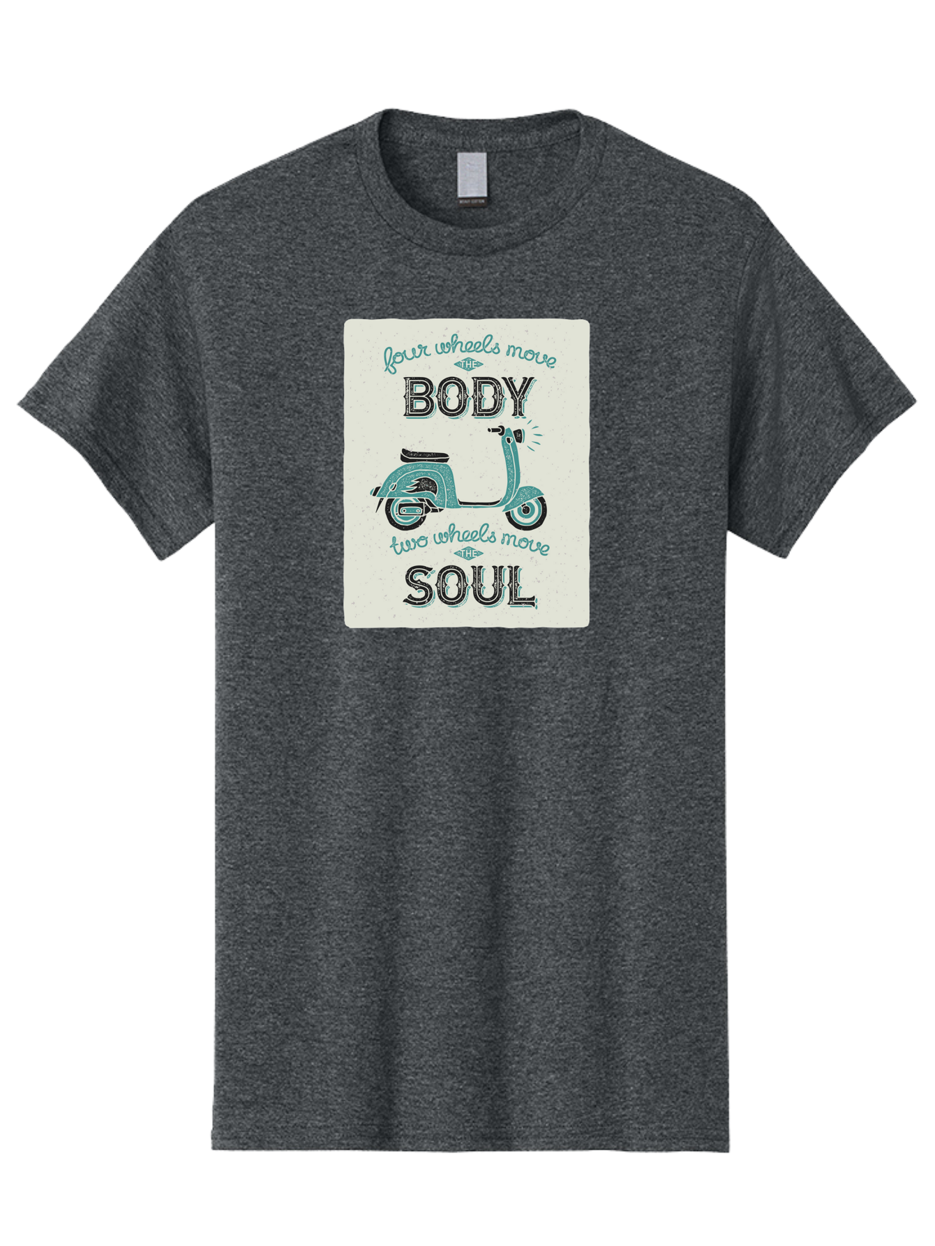 Four-Wheels-Move-The-Body-Two-Wheels-Move-The-Soul-1 Men'S Graphic Tee, 100% Cotton, Comfortable Casual Summer Wear, Machine Washable, Vintage Scooter, Retro Design, Quote About Soul, Bike Enthusiast, Motor Scooter, Scooter Lover, Aac435 17