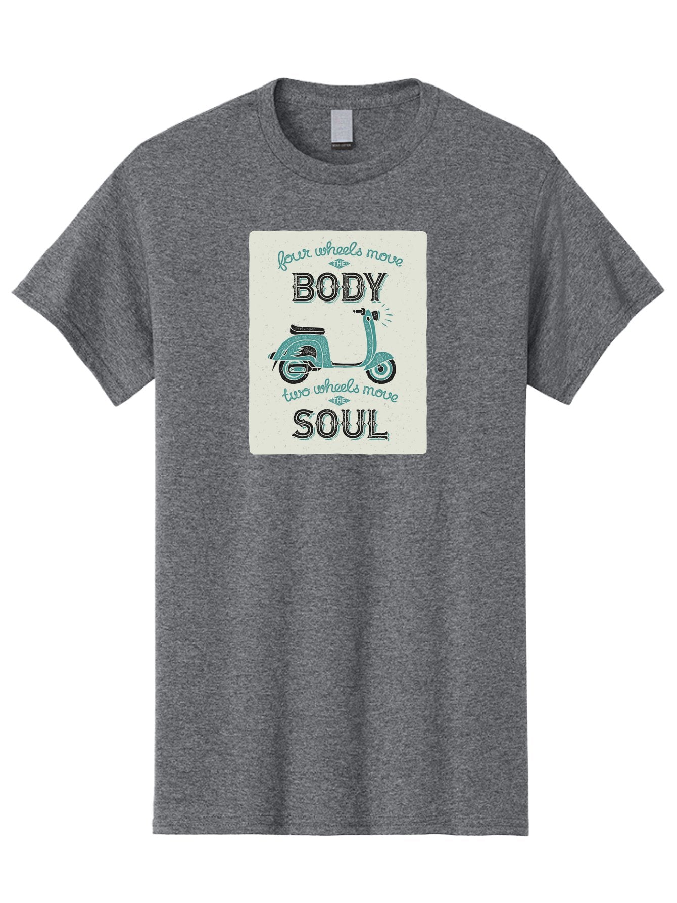 Four-Wheels-Move-The-Body-Two-Wheels-Move-The-Soul-1 Men'S Graphic Tee, 100% Cotton, Comfortable Casual Summer Wear, Machine Washable, Vintage Scooter, Retro Design, Quote About Soul, Bike Enthusiast, Motor Scooter, Scooter Lover, Aac435 14