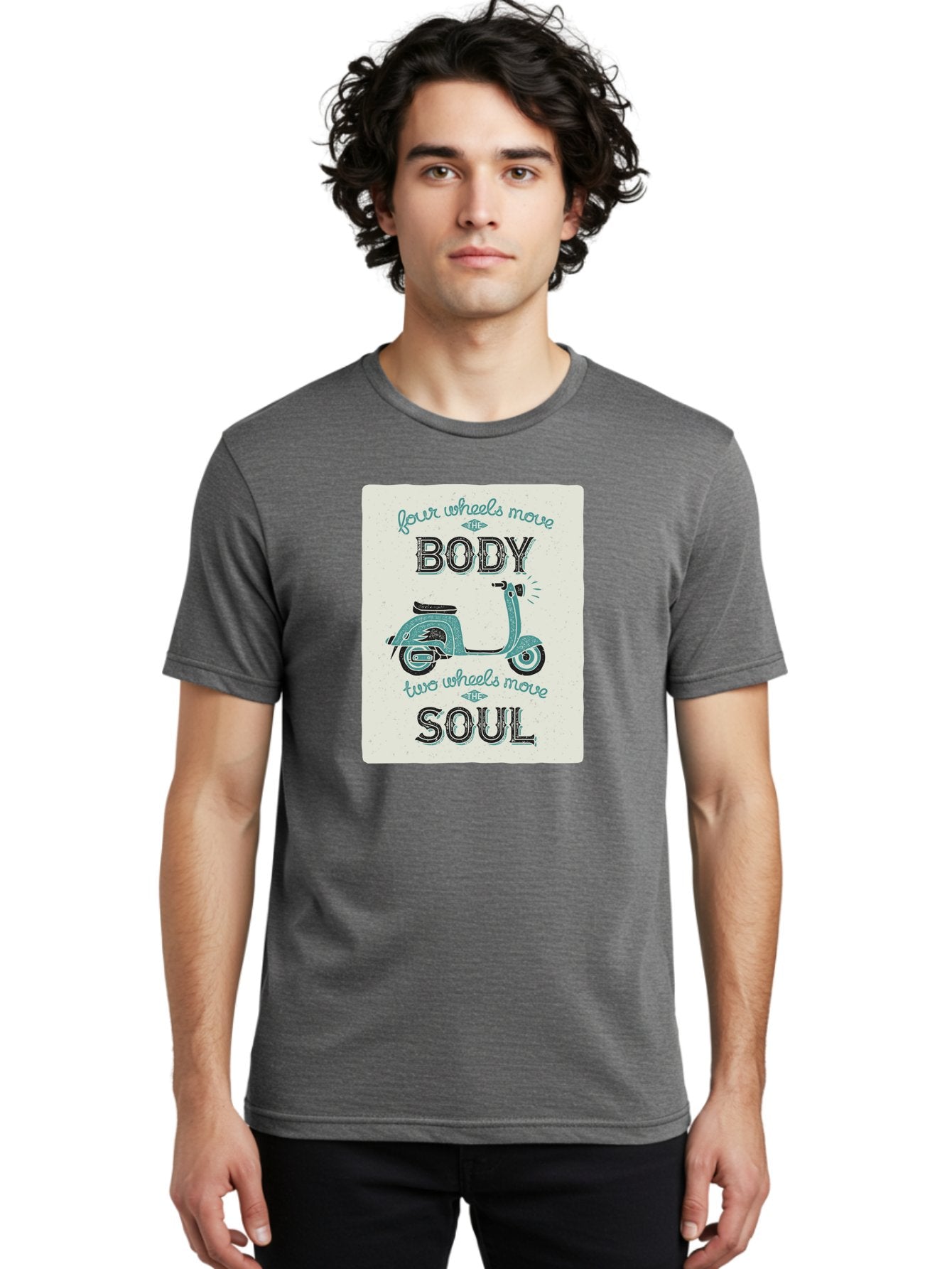 Four-Wheels-Move-The-Body-Two-Wheels-Move-The-Soul-1 Men'S Graphic Tee, 100% Cotton, Comfortable Casual Summer Wear, Machine Washable, Vintage Scooter, Retro Design, Quote About Soul, Bike Enthusiast, Motor Scooter, Scooter Lover, Aac435 29
