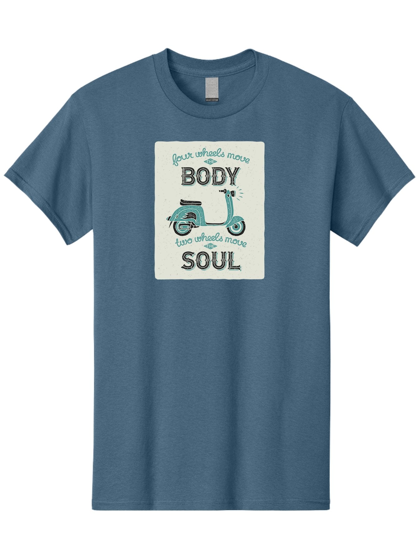 Four-Wheels-Move-The-Body-Two-Wheels-Move-The-Soul-1 Men'S Graphic Tee, 100% Cotton, Comfortable Casual Summer Wear, Machine Washable, Vintage Scooter, Retro Design, Quote About Soul, Bike Enthusiast, Motor Scooter, Scooter Lover, Aac435 5