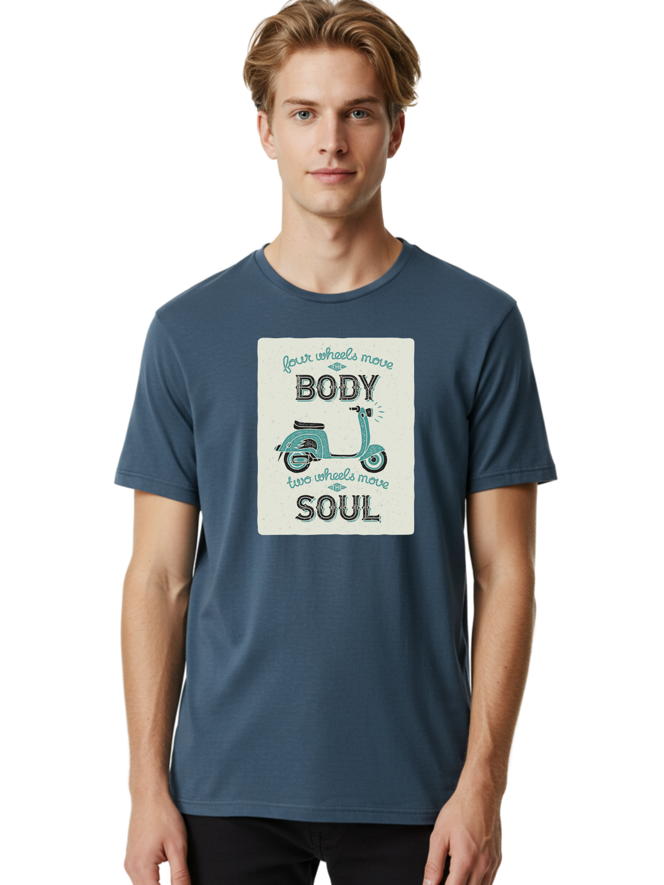Four-Wheels-Move-The-Body-Two-Wheels-Move-The-Soul-1 Men'S Graphic Tee, 100% Cotton, Comfortable Casual Summer Wear, Machine Washable, Vintage Scooter, Retro Design, Quote About Soul, Bike Enthusiast, Motor Scooter, Scooter Lover, Aac435 16