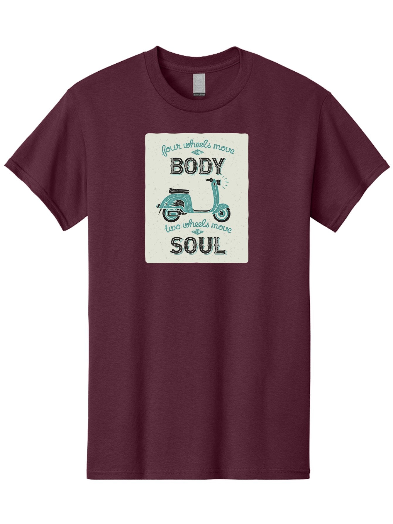 Four-Wheels-Move-The-Body-Two-Wheels-Move-The-Soul-1 Men'S Graphic Tee, 100% Cotton, Comfortable Casual Summer Wear, Machine Washable, Vintage Scooter, Retro Design, Quote About Soul, Bike Enthusiast, Motor Scooter, Scooter Lover, Aac435 4