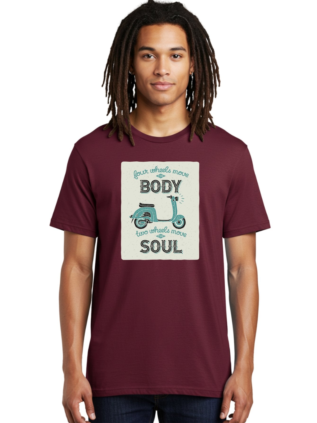 Four-Wheels-Move-The-Body-Two-Wheels-Move-The-Soul-1 Men'S Graphic Tee, 100% Cotton, Comfortable Casual Summer Wear, Machine Washable, Vintage Scooter, Retro Design, Quote About Soul, Bike Enthusiast, Motor Scooter, Scooter Lover, Aac435 18