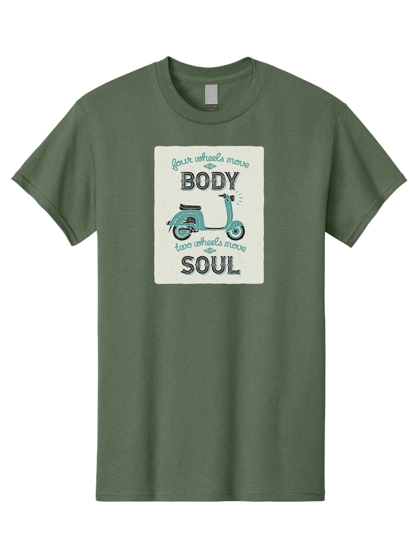 Four-Wheels-Move-The-Body-Two-Wheels-Move-The-Soul-1 Men'S Graphic Tee, 100% Cotton, Comfortable Casual Summer Wear, Machine Washable, Vintage Scooter, Retro Design, Quote About Soul, Bike Enthusiast, Motor Scooter, Scooter Lover, Aac435