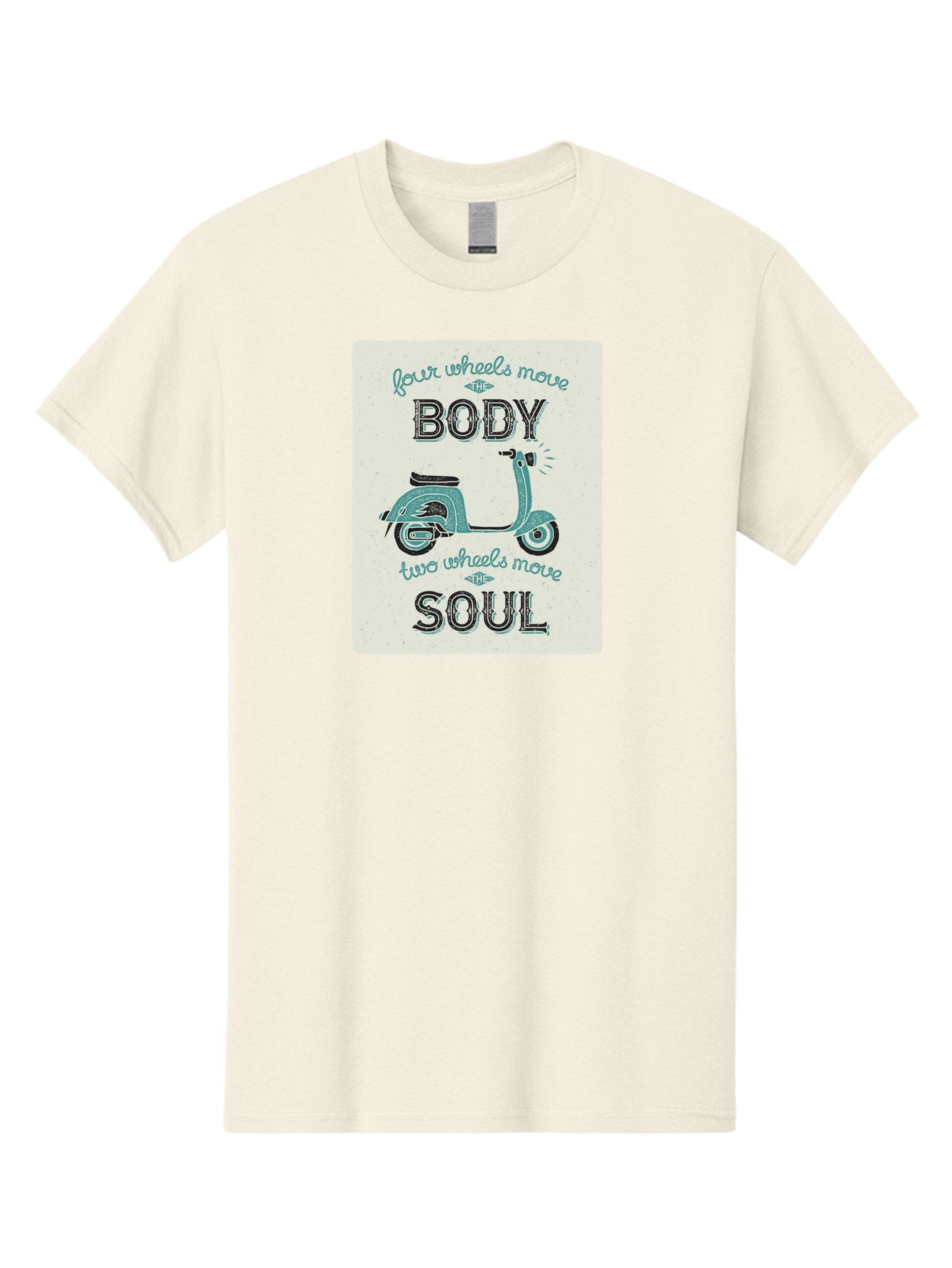 Four-Wheels-Move-The-Body-Two-Wheels-Move-The-Soul-1 Men'S Graphic Tee, 100% Cotton, Comfortable Casual Summer Wear, Machine Washable, Vintage Scooter, Retro Design, Quote About Soul, Bike Enthusiast, Motor Scooter, Scooter Lover, Aac435 12