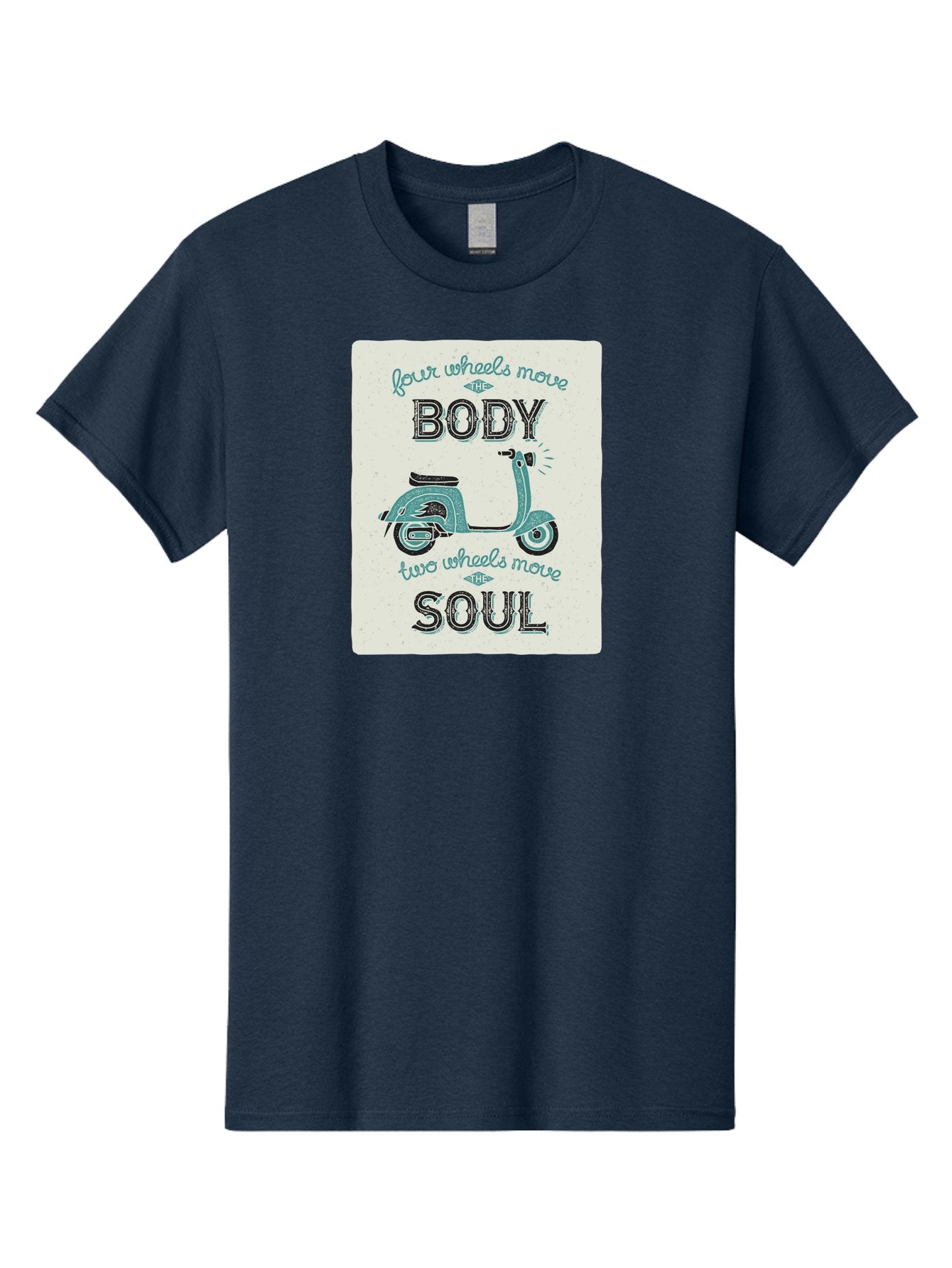 Four-Wheels-Move-The-Body-Two-Wheels-Move-The-Soul-1 Men'S Graphic Tee, 100% Cotton, Comfortable Casual Summer Wear, Machine Washable, Vintage Scooter, Retro Design, Quote About Soul, Bike Enthusiast, Motor Scooter, Scooter Lover, Aac435 9