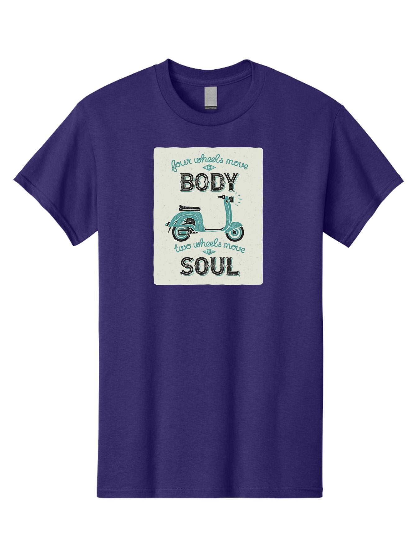 Four-Wheels-Move-The-Body-Two-Wheels-Move-The-Soul-1 Men'S Graphic Tee, 100% Cotton, Comfortable Casual Summer Wear, Machine Washable, Vintage Scooter, Retro Design, Quote About Soul, Bike Enthusiast, Motor Scooter, Scooter Lover, Aac435 13