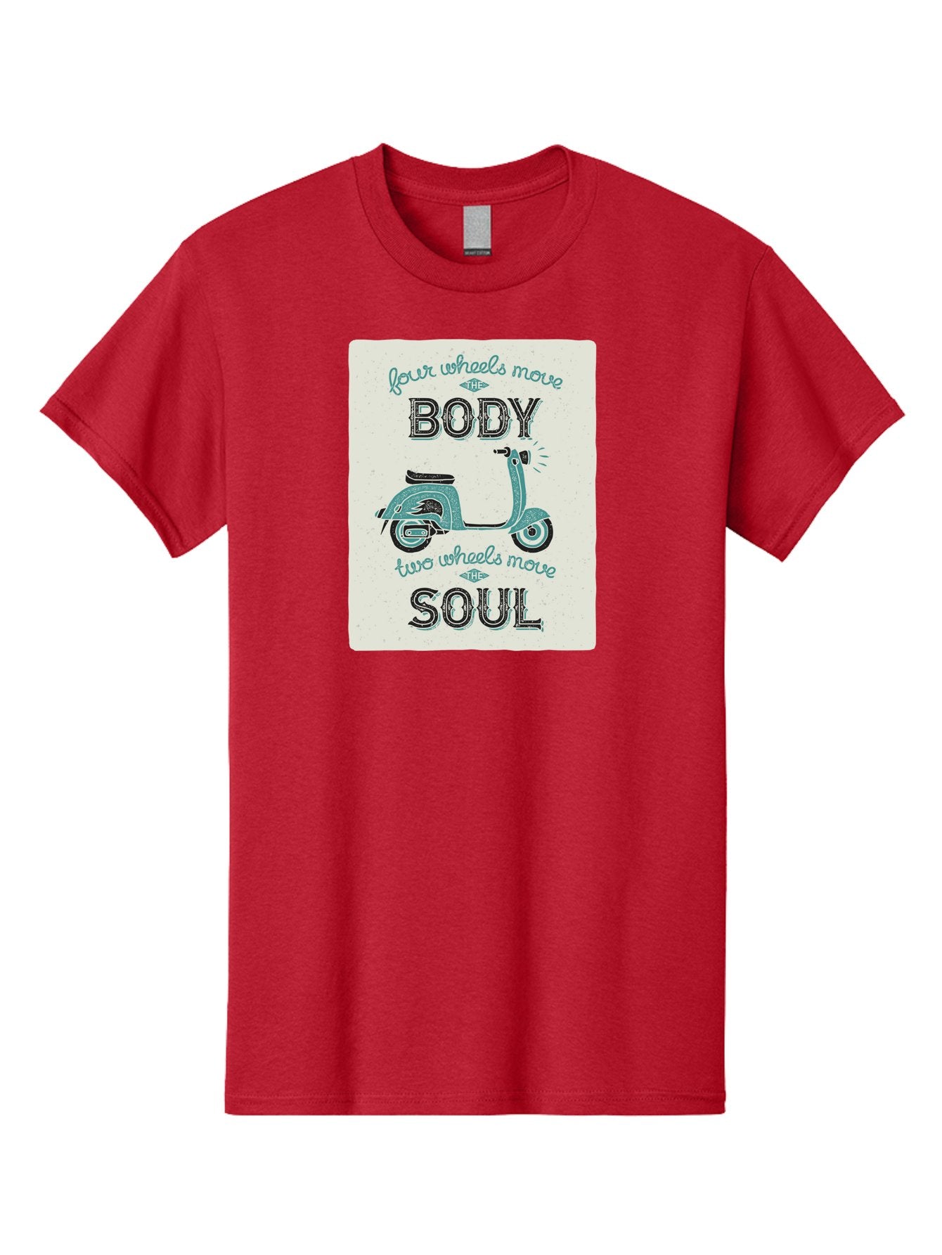 Four-Wheels-Move-The-Body-Two-Wheels-Move-The-Soul-1 Men'S Graphic Tee, 100% Cotton, Comfortable Casual Summer Wear, Machine Washable, Vintage Scooter, Retro Design, Quote About Soul, Bike Enthusiast, Motor Scooter, Scooter Lover, Aac435