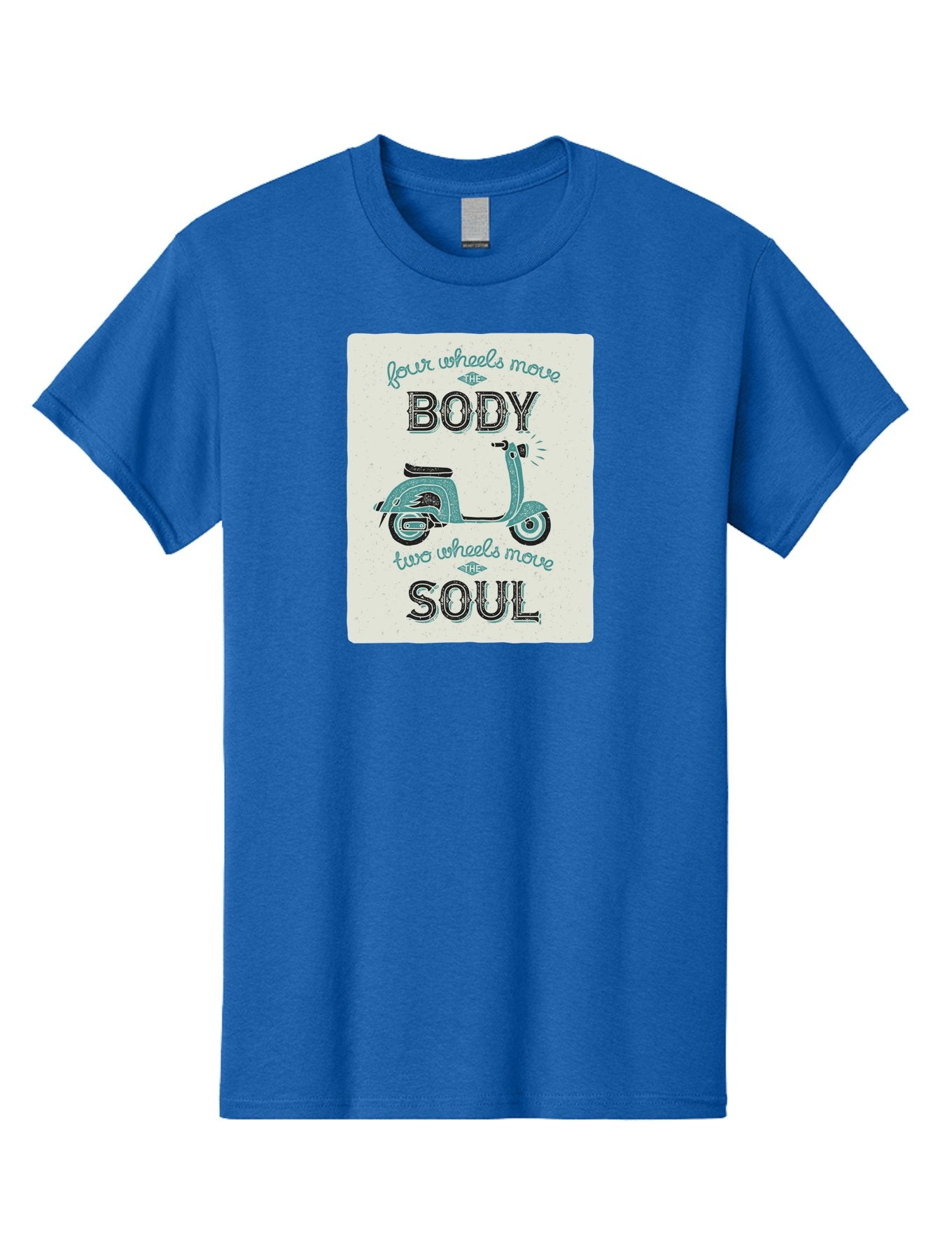 Four-Wheels-Move-The-Body-Two-Wheels-Move-The-Soul-1 Men'S Graphic Tee, 100% Cotton, Comfortable Casual Summer Wear, Machine Washable, Vintage Scooter, Retro Design, Quote About Soul, Bike Enthusiast, Motor Scooter, Scooter Lover, Aac435 10
