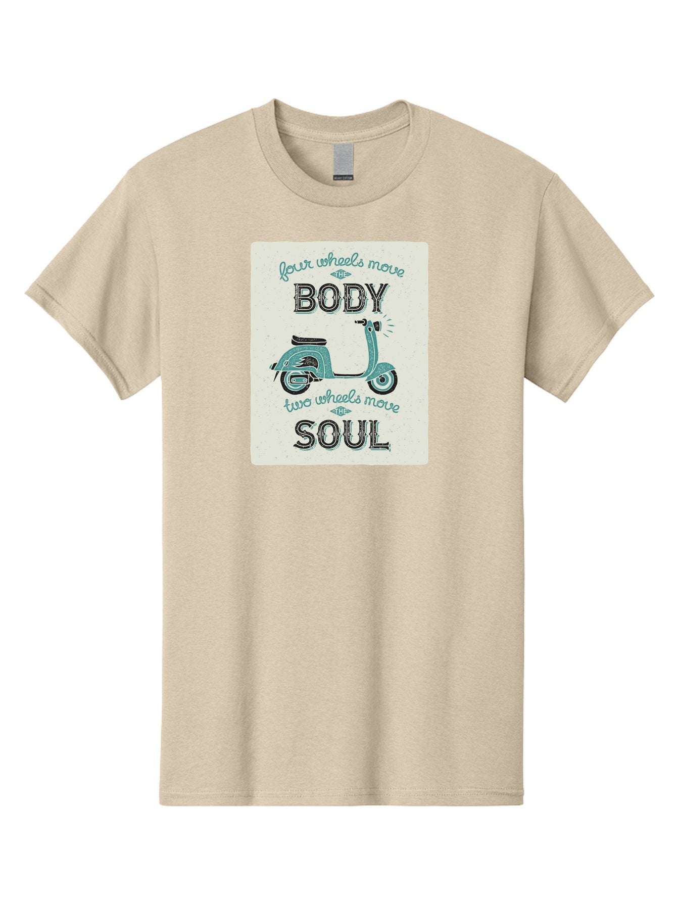 Four-Wheels-Move-The-Body-Two-Wheels-Move-The-Soul-1 Men'S Graphic Tee, 100% Cotton, Comfortable Casual Summer Wear, Machine Washable, Vintage Scooter, Retro Design, Quote About Soul, Bike Enthusiast, Motor Scooter, Scooter Lover, Aac435 8