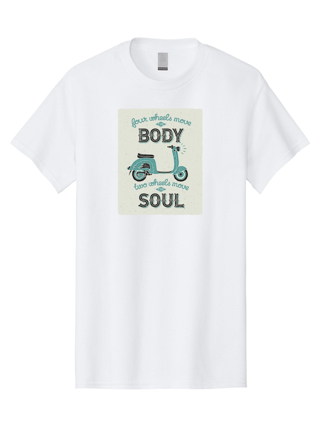 Four-Wheels-Move-The-Body-Two-Wheels-Move-The-Soul-1 Men'S Graphic Tee, 100% Cotton, Comfortable Casual Summer Wear, Machine Washable, Vintage Scooter, Retro Design, Quote About Soul, Bike Enthusiast, Motor Scooter, Scooter Lover, Aac435 11