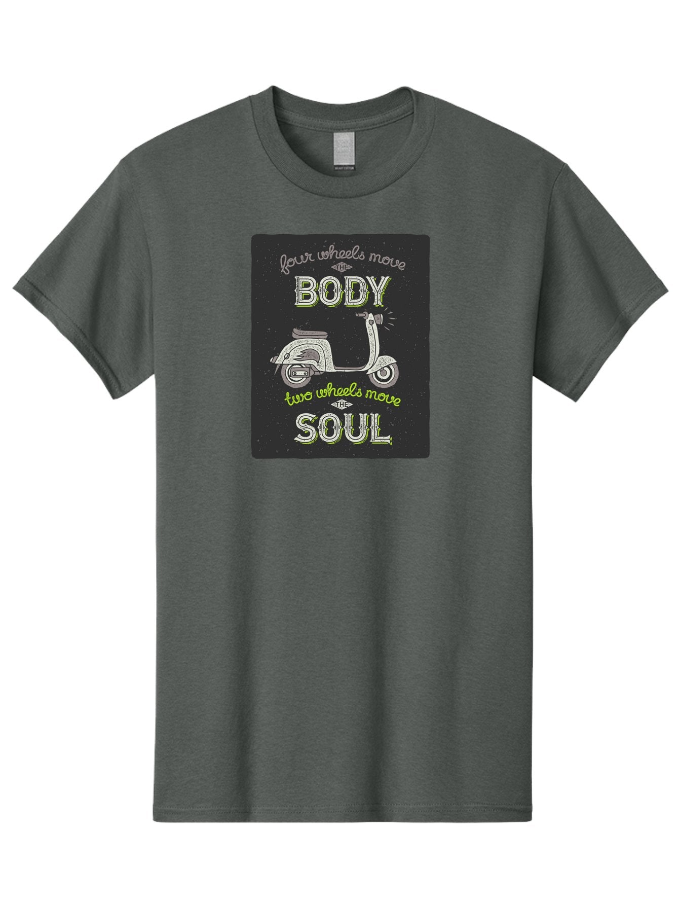 Four-Wheels-Move-The-Body-Two-Wheels-Move-The-Soul Men'S Graphic Tee, 100% Cotton, Comfortable Casual Summer Wear, Machine Washable, Vintage Scooter, Motivational Quote, Scooter Enthusiast, Soulful Ride, Freedom On Wheels, Biker Chic, Aac436 4