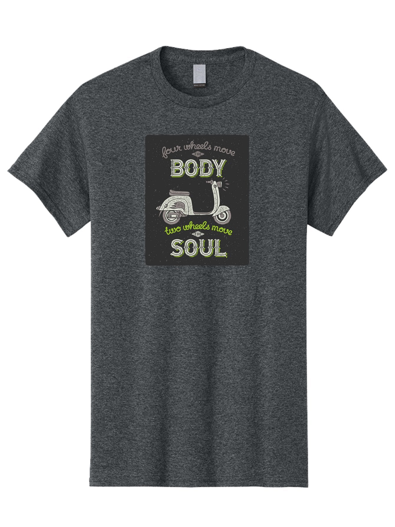 Four-Wheels-Move-The-Body-Two-Wheels-Move-The-Soul Men'S Graphic Tee, 100% Cotton, Comfortable Casual Summer Wear, Machine Washable, Vintage Scooter, Motivational Quote, Scooter Enthusiast, Soulful Ride, Freedom On Wheels, Biker Chic, Aac436 11