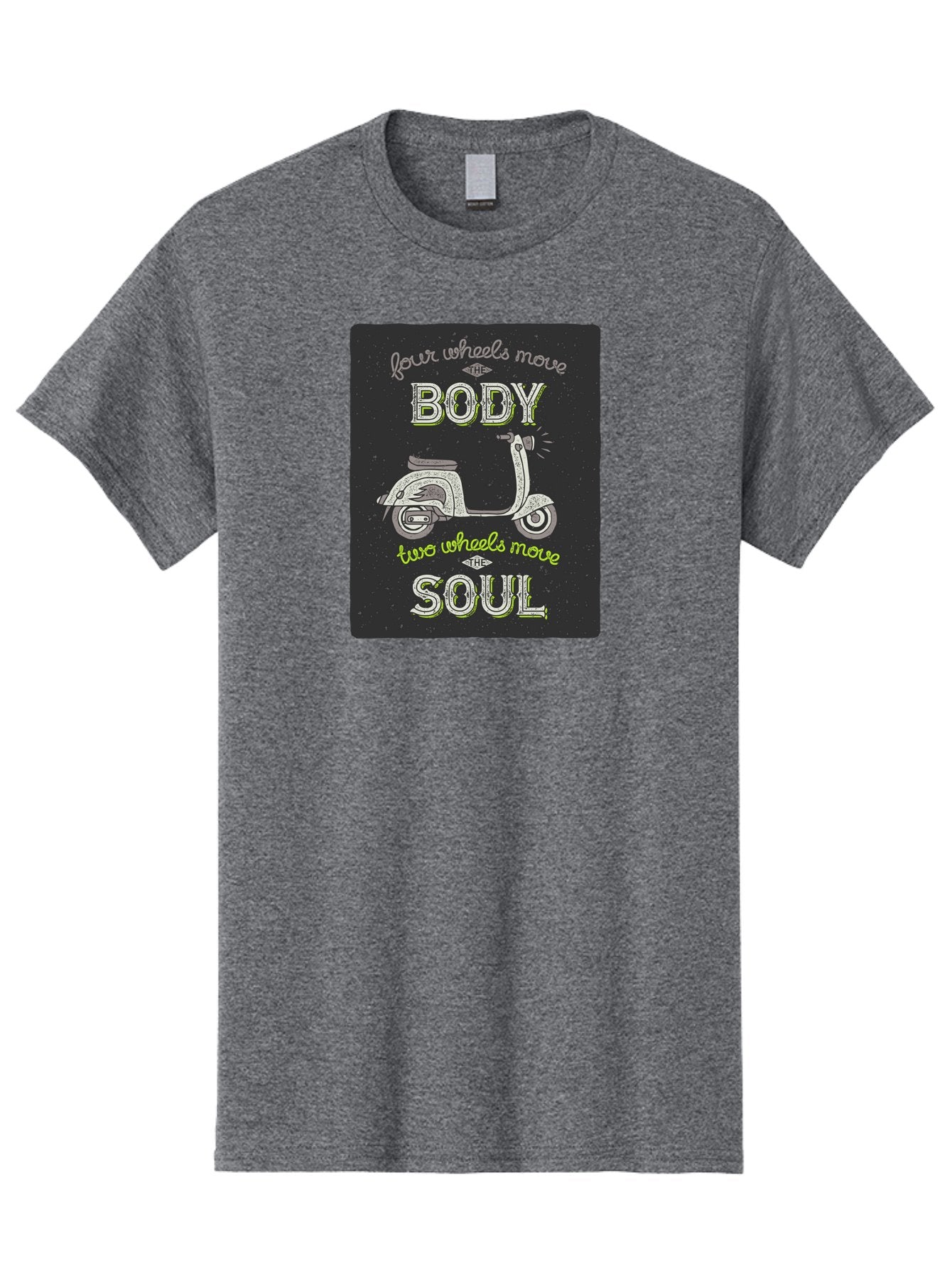 Four-Wheels-Move-The-Body-Two-Wheels-Move-The-Soul Men'S Graphic Tee, 100% Cotton, Comfortable Casual Summer Wear, Machine Washable, Vintage Scooter, Motivational Quote, Scooter Enthusiast, Soulful Ride, Freedom On Wheels, Biker Chic, Aac436 8