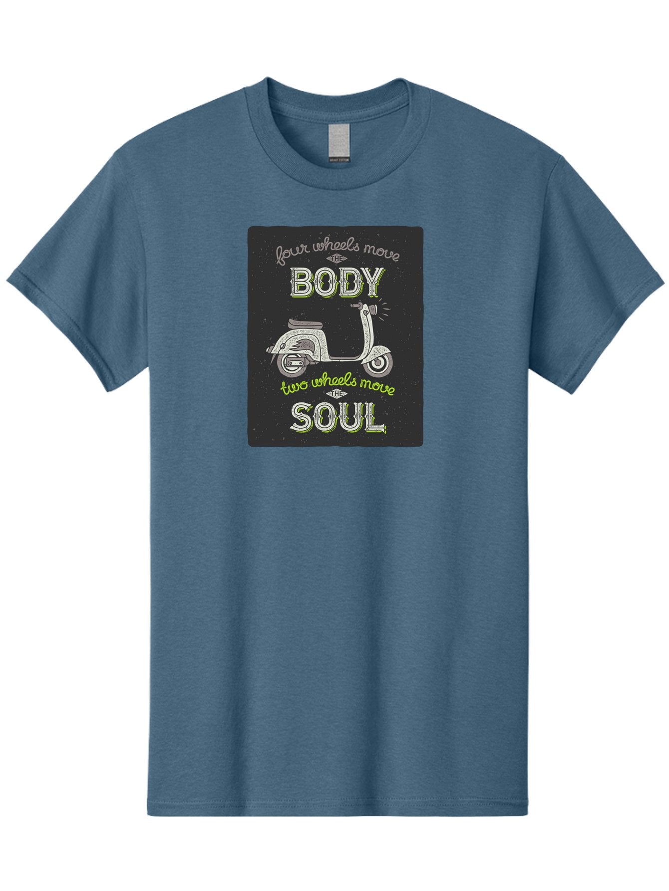 Four-Wheels-Move-The-Body-Two-Wheels-Move-The-Soul Men'S Graphic Tee, 100% Cotton, Comfortable Casual Summer Wear, Machine Washable, Vintage Scooter, Motivational Quote, Scooter Enthusiast, Soulful Ride, Freedom On Wheels, Biker Chic, Aac436 7