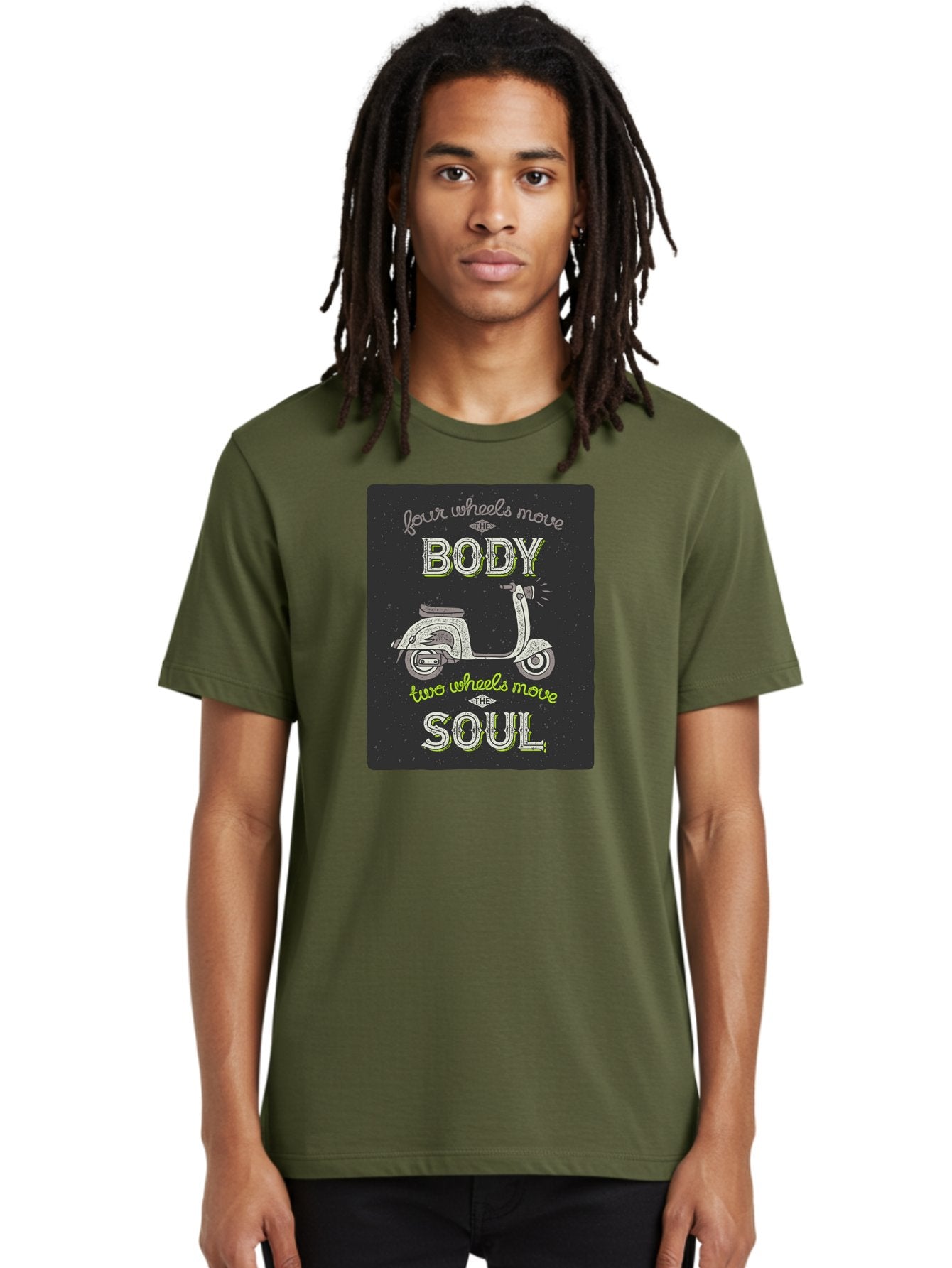 Four-Wheels-Move-The-Body-Two-Wheels-Move-The-Soul Men'S Graphic Tee, 100% Cotton, Comfortable Casual Summer Wear, Machine Washable, Vintage Scooter, Motivational Quote, Scooter Enthusiast, Soulful Ride, Freedom On Wheels, Biker Chic, Aac436 22