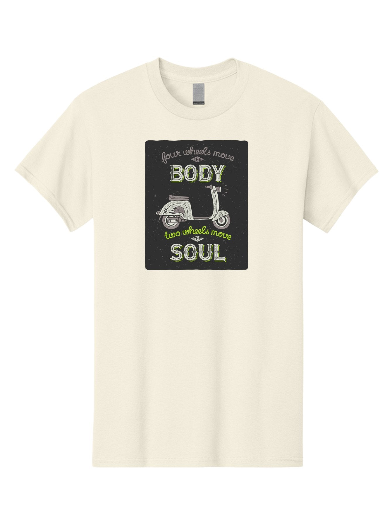 Four-Wheels-Move-The-Body-Two-Wheels-Move-The-Soul Men'S Graphic Tee, 100% Cotton, Comfortable Casual Summer Wear, Machine Washable, Vintage Scooter, Motivational Quote, Scooter Enthusiast, Soulful Ride, Freedom On Wheels, Biker Chic, Aac436 13