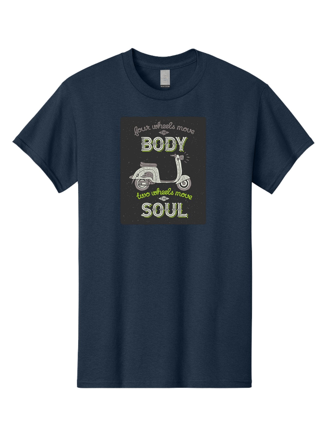 Four-Wheels-Move-The-Body-Two-Wheels-Move-The-Soul Men'S Graphic Tee, 100% Cotton, Comfortable Casual Summer Wear, Machine Washable, Vintage Scooter, Motivational Quote, Scooter Enthusiast, Soulful Ride, Freedom On Wheels, Biker Chic, Aac436 10