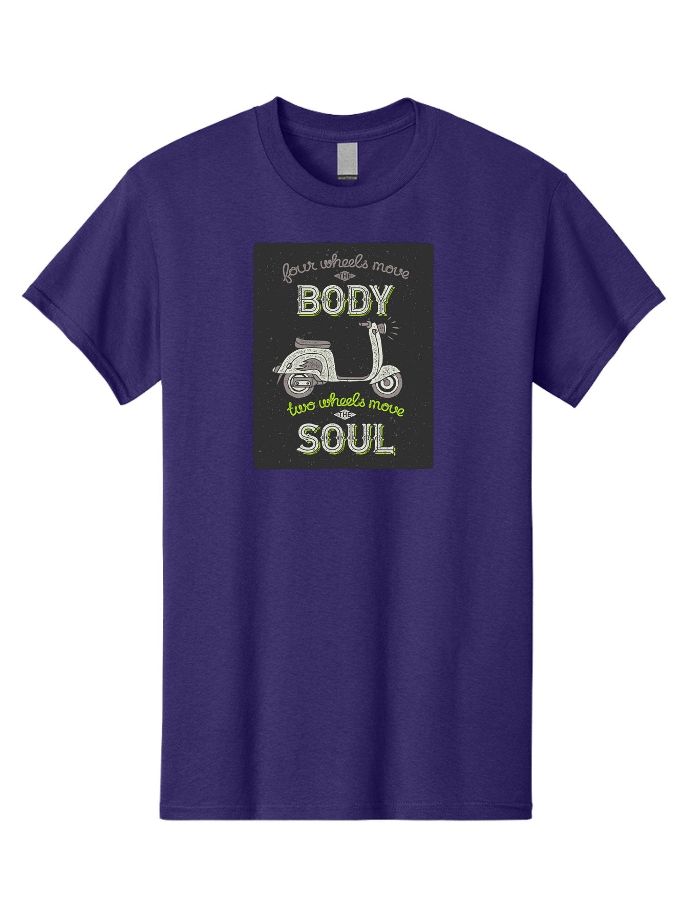 Four-Wheels-Move-The-Body-Two-Wheels-Move-The-Soul Men'S Graphic Tee, 100% Cotton, Comfortable Casual Summer Wear, Machine Washable, Vintage Scooter, Motivational Quote, Scooter Enthusiast, Soulful Ride, Freedom On Wheels, Biker Chic, Aac436 9