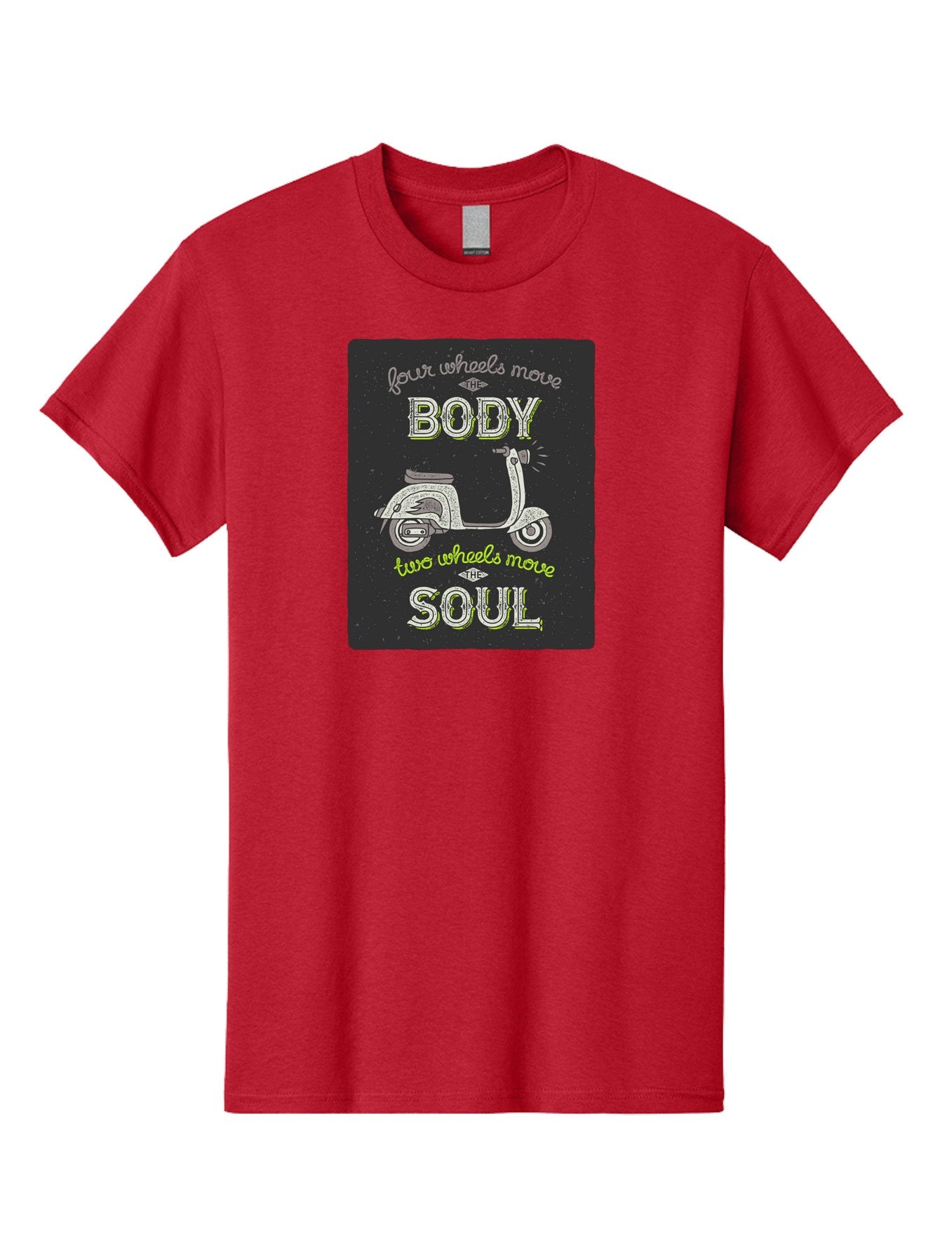 Four-Wheels-Move-The-Body-Two-Wheels-Move-The-Soul Men'S Graphic Tee, 100% Cotton, Comfortable Casual Summer Wear, Machine Washable, Vintage Scooter, Motivational Quote, Scooter Enthusiast, Soulful Ride, Freedom On Wheels, Biker Chic, Aac436 6